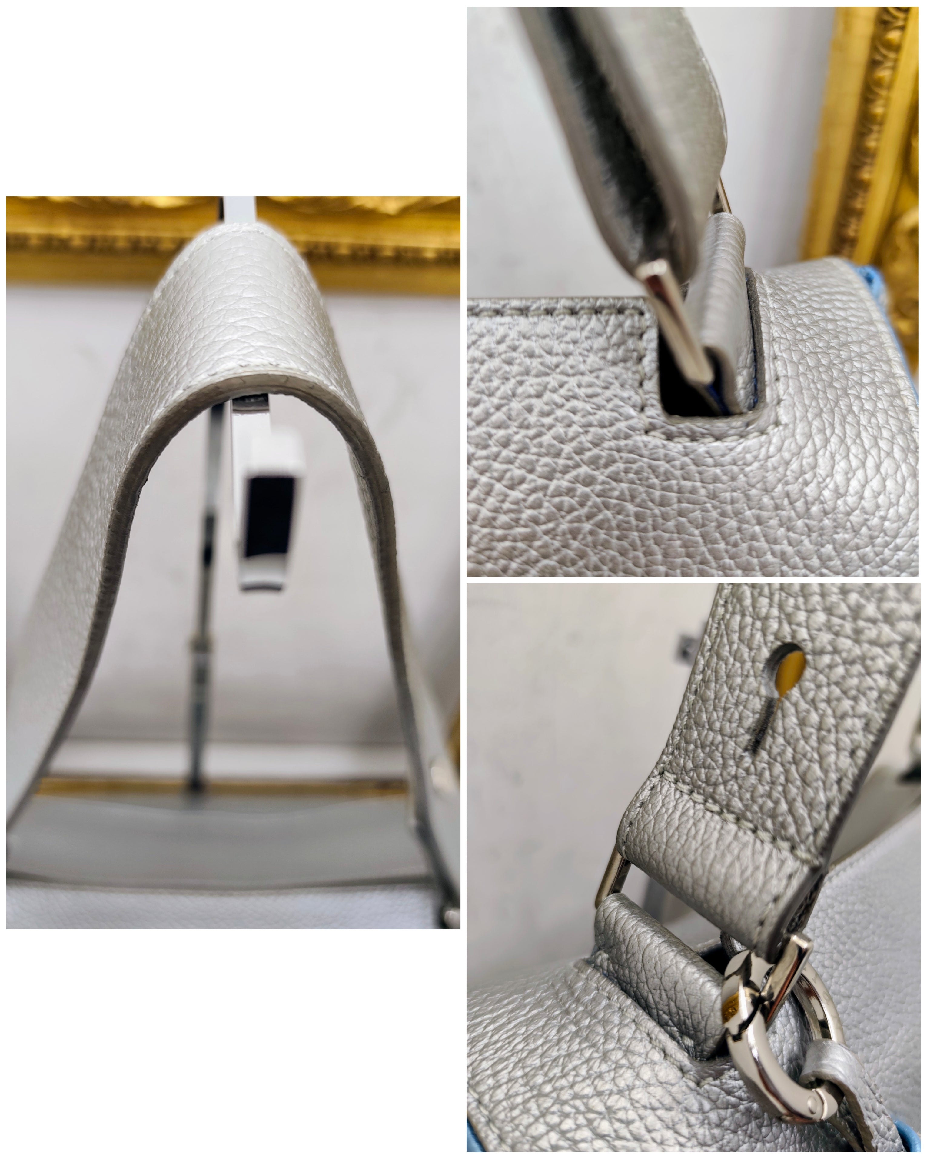 Orciani – Sveva Soft Media Pelle Martellata Argento con Profili Azzurri e Charm Nappina