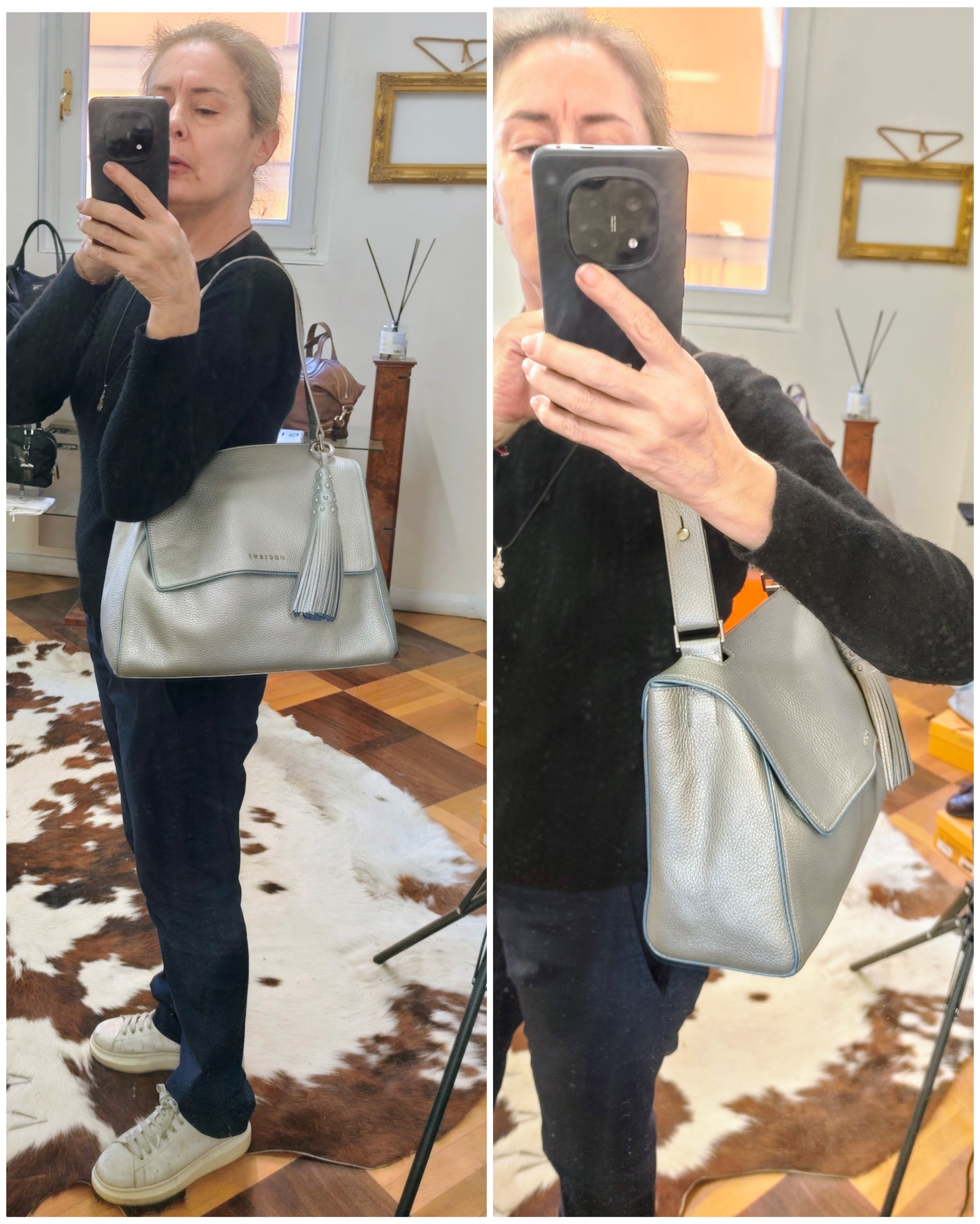 Orciani – Sveva Soft Media Pelle Martellata Argento con Profili Azzurri e Charm Nappina