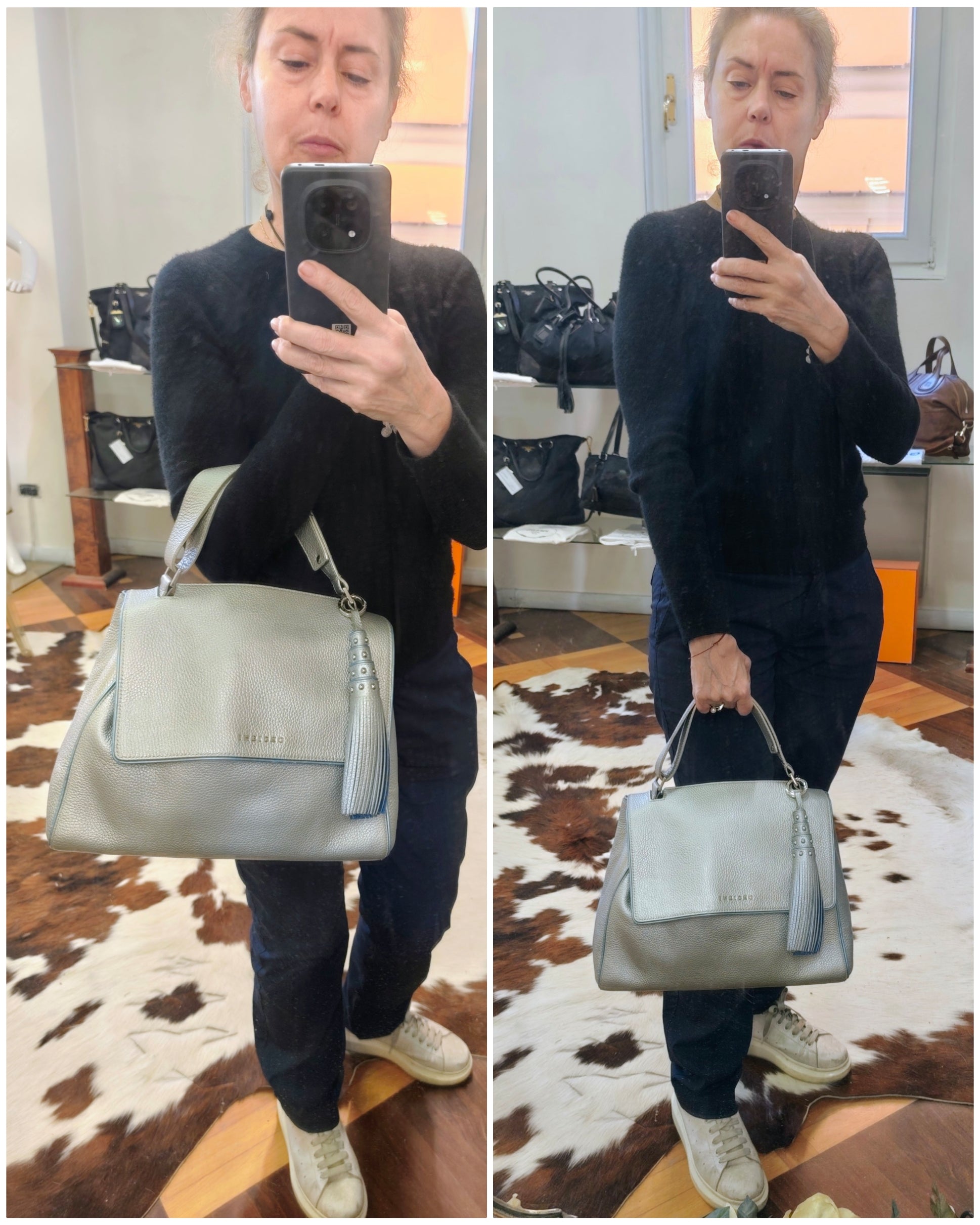 Orciani – Sveva Soft Media Pelle Martellata Argento con Profili Azzurri e Charm Nappina