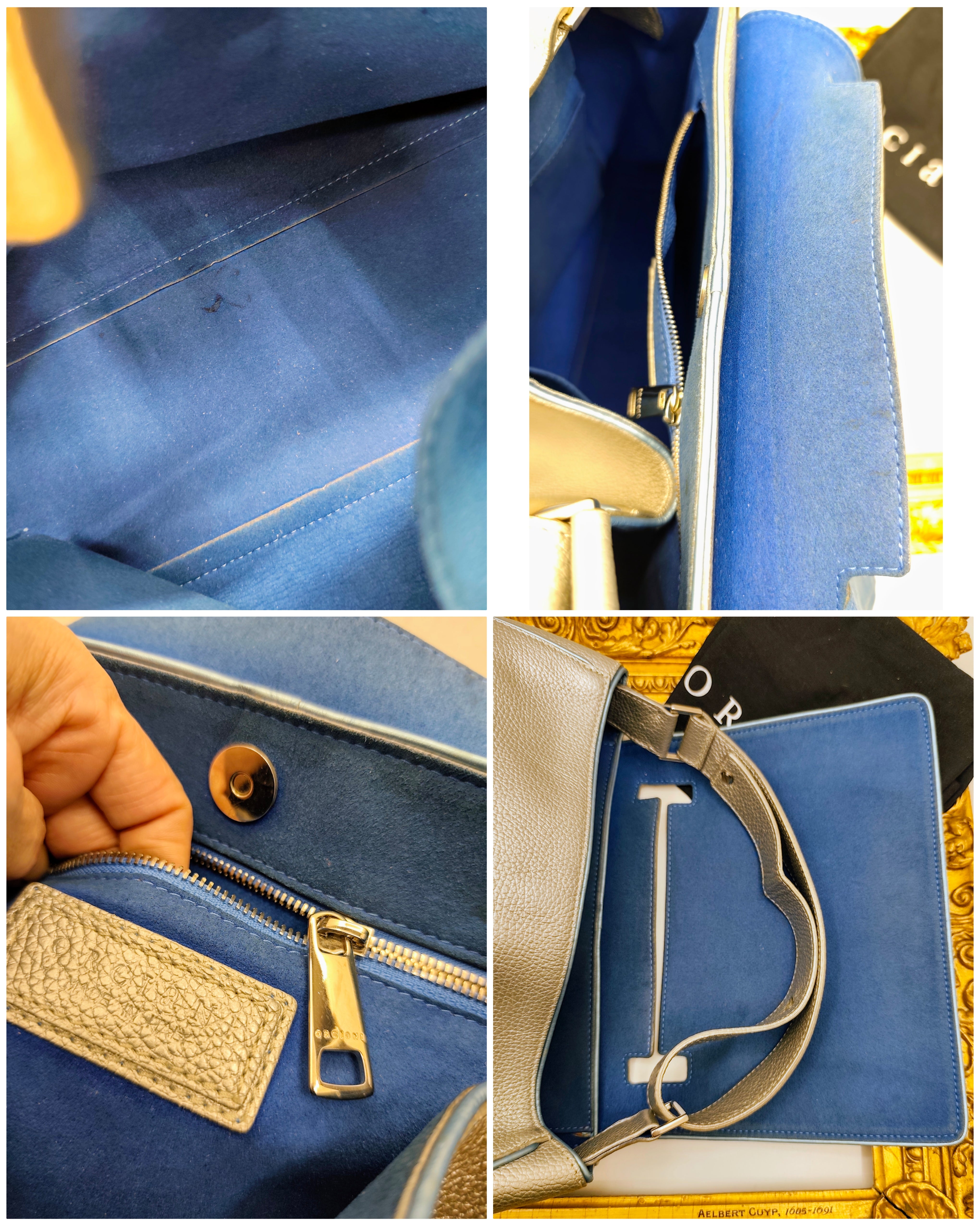 Orciani – Sveva Soft Media Pelle Martellata Argento con Profili Azzurri e Charm Nappina