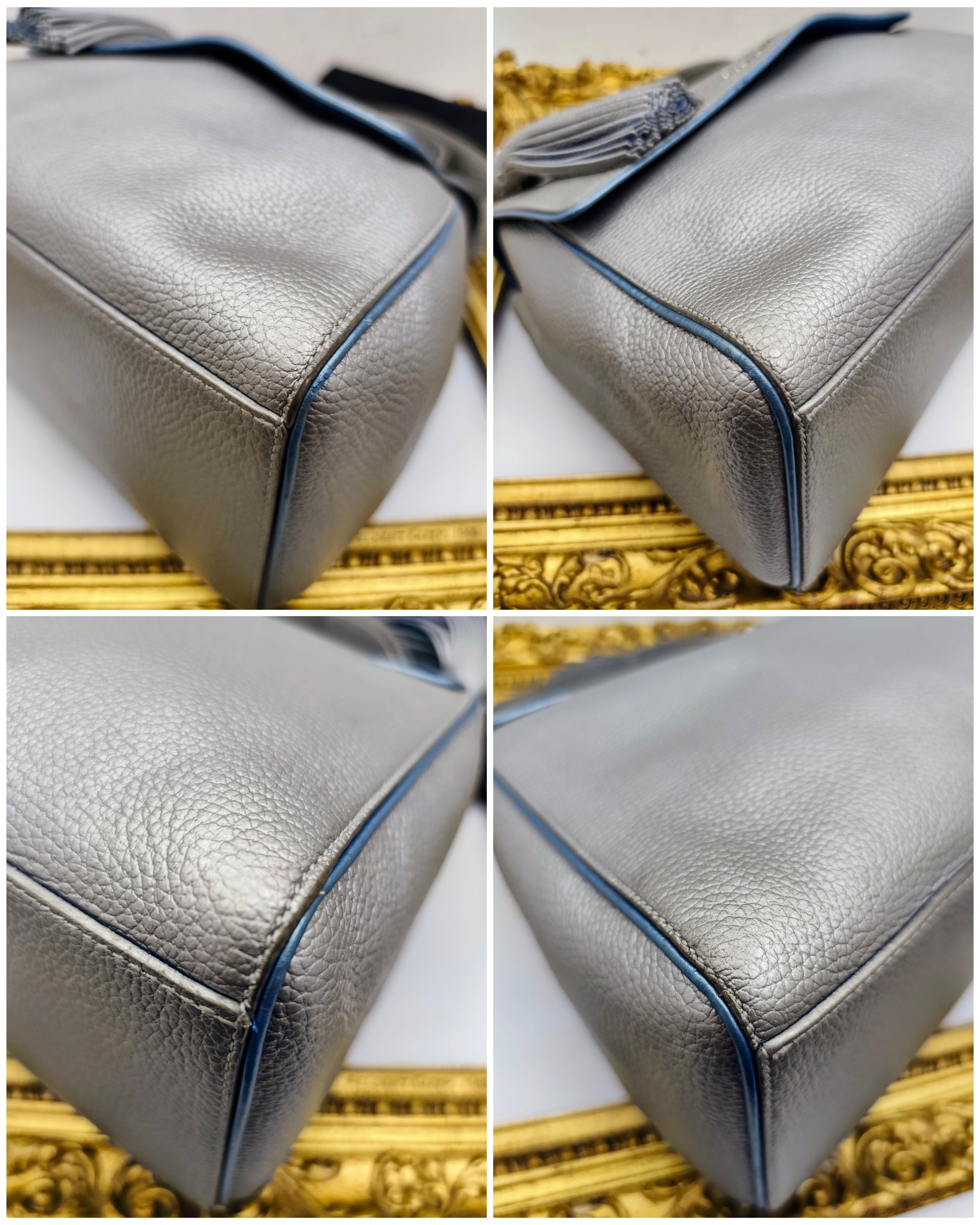 Orciani – Sveva Soft Media Pelle Martellata Argento con Profili Azzurri e Charm Nappina