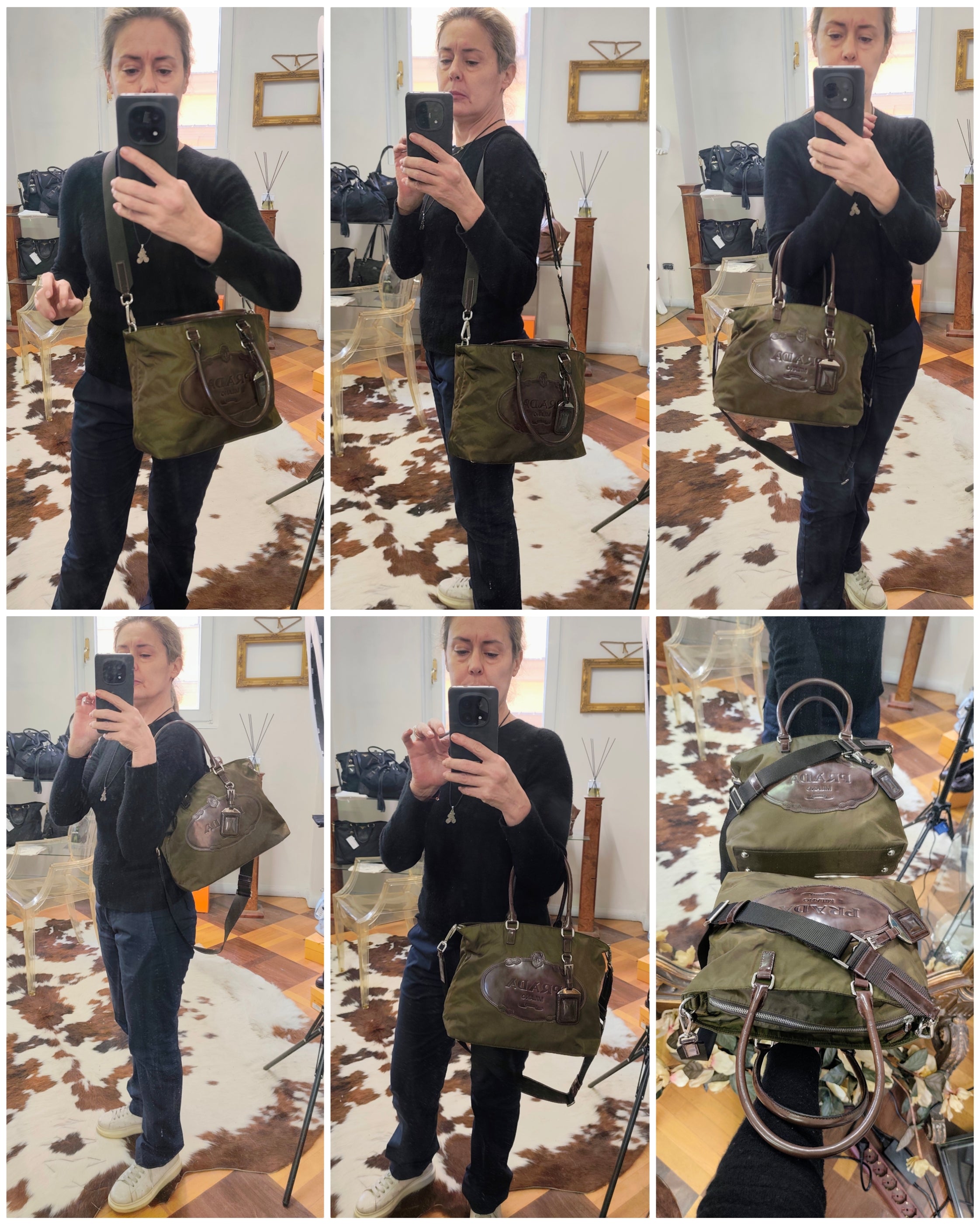 Prada – Tote Bag Shopper Mini Logo Jacquard Nylon e Pelle a Spalla o Tracolla
