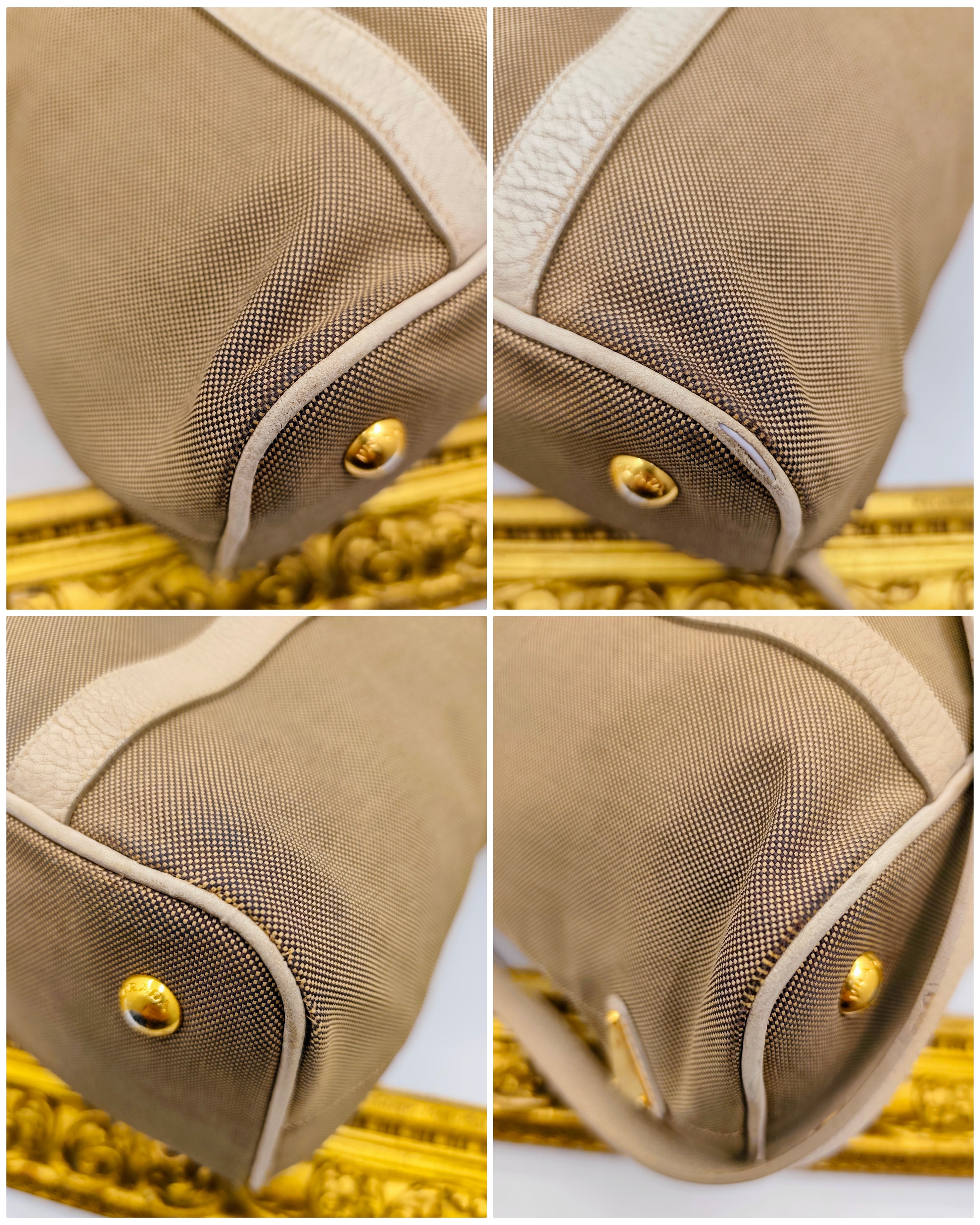 Prada – Shopper Tote Bag Logo Jacquard Tessuto Beige e Pelle Bianco