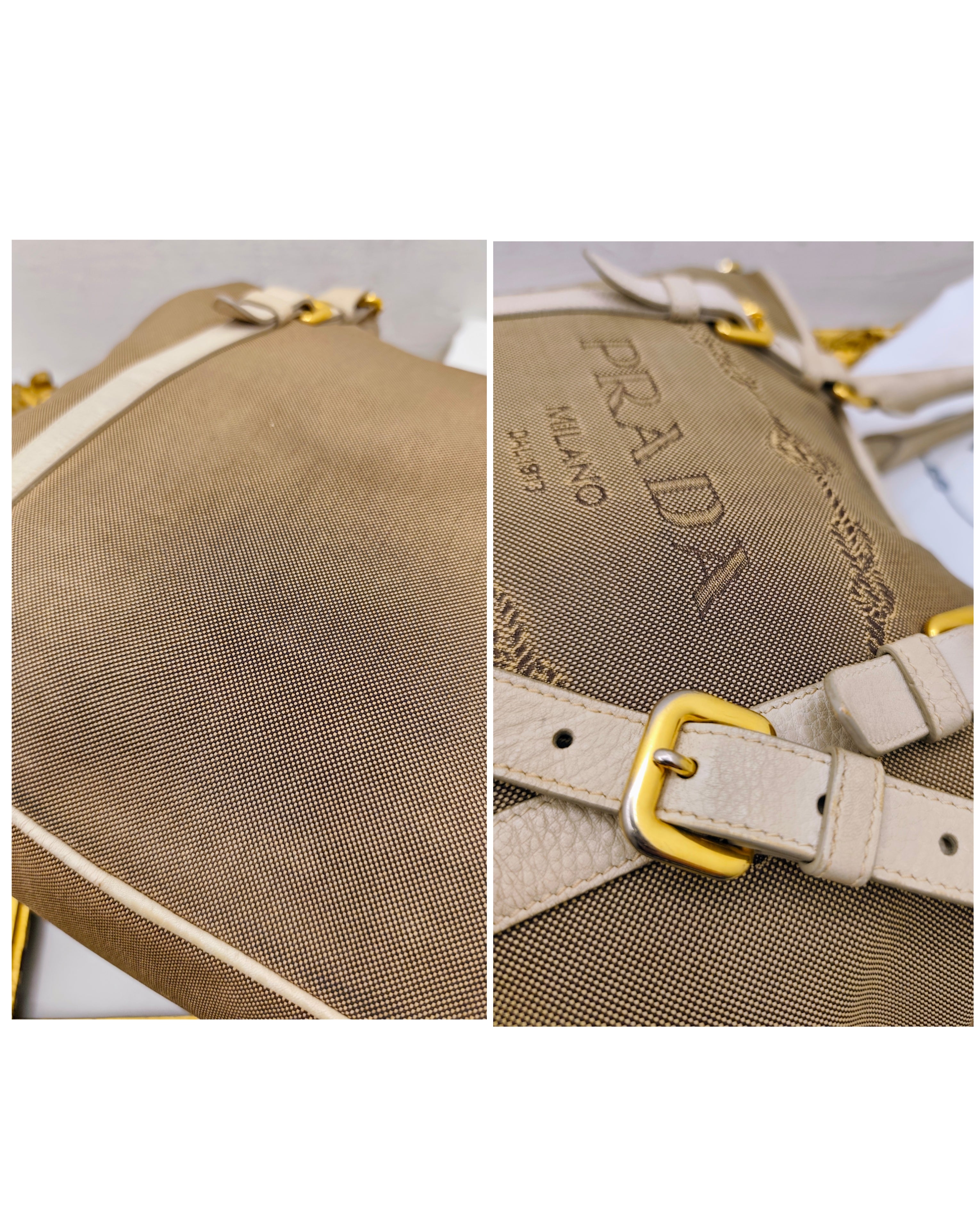 Prada – Shopper Tote Bag Logo Jacquard Tessuto Beige e Pelle Bianco