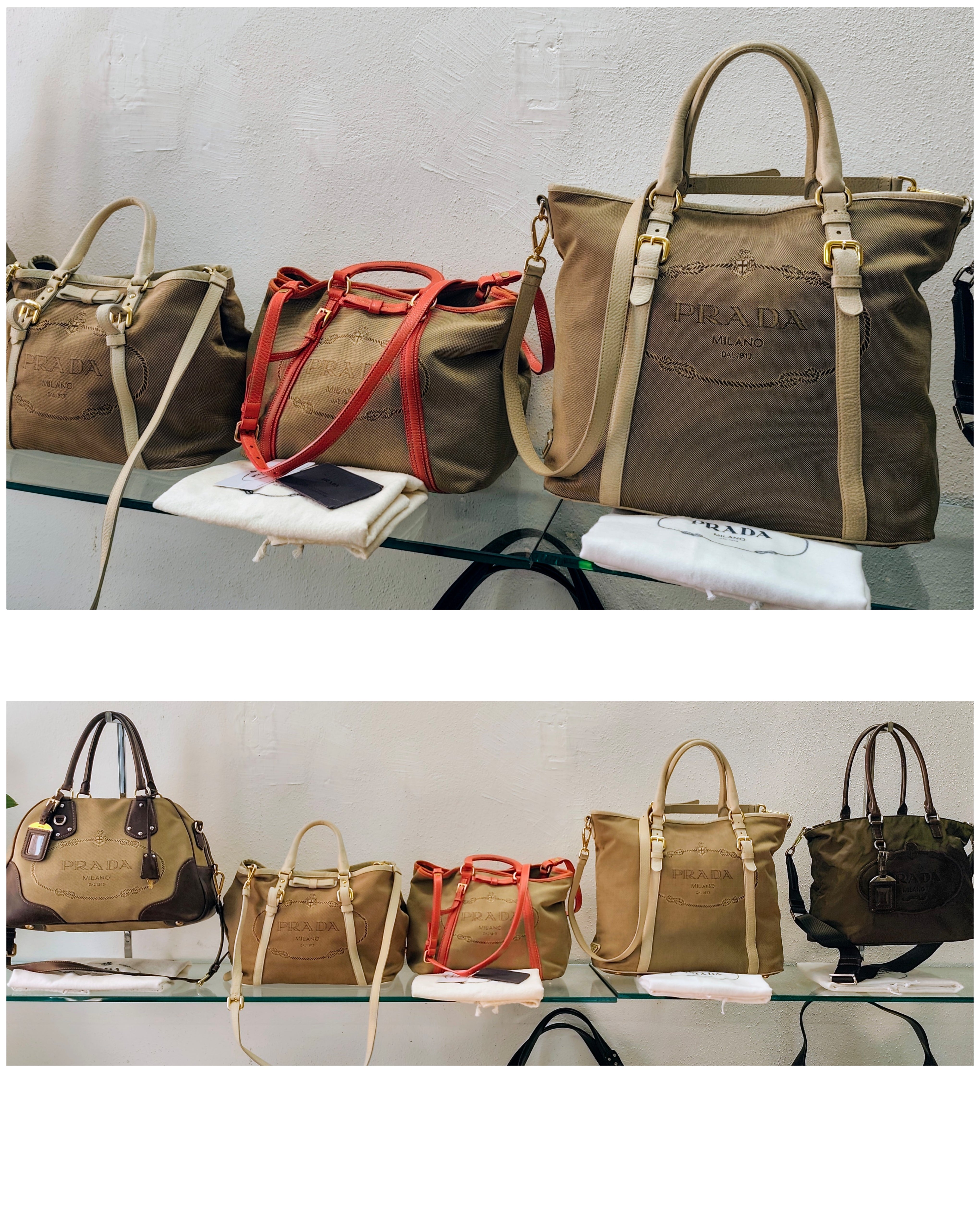 Prada – Shopper Tote Bag Logo Jacquard Tessuto Beige e Pelle Bianco