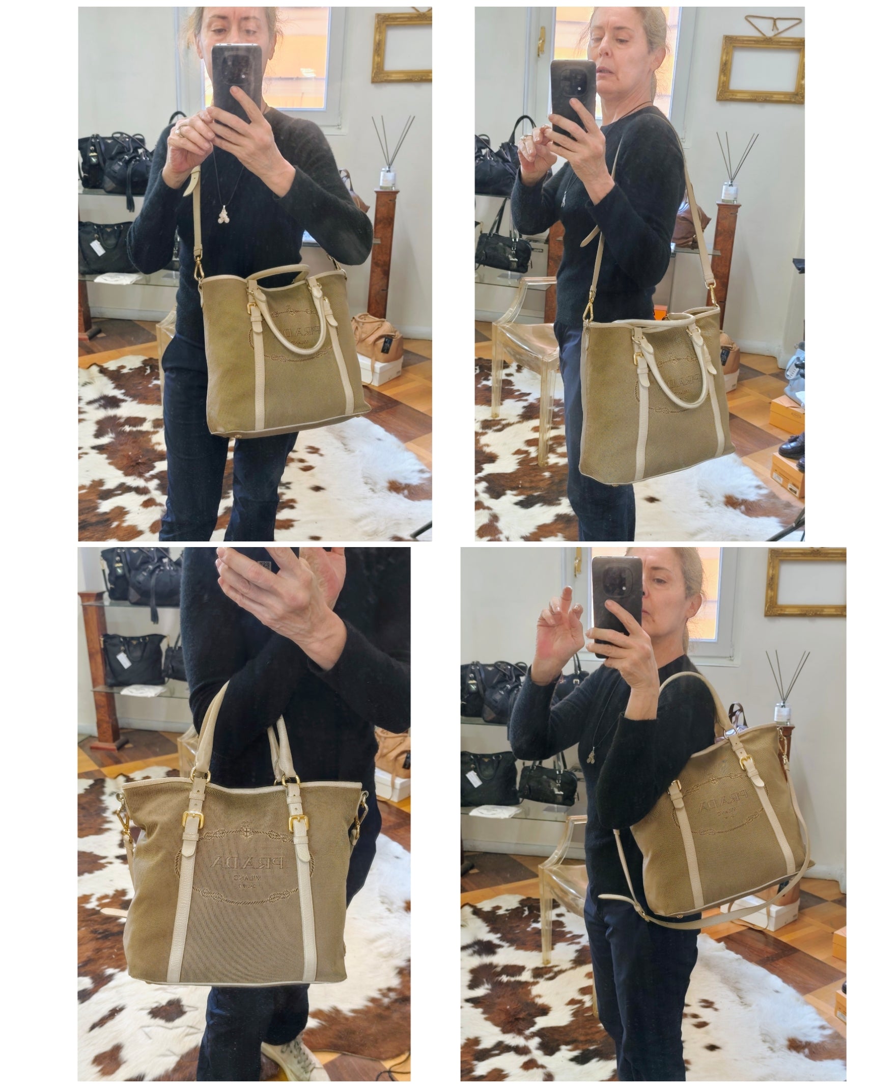 Prada – Shopper Tote Bag Logo Jacquard Tessuto Beige e Pelle Bianco