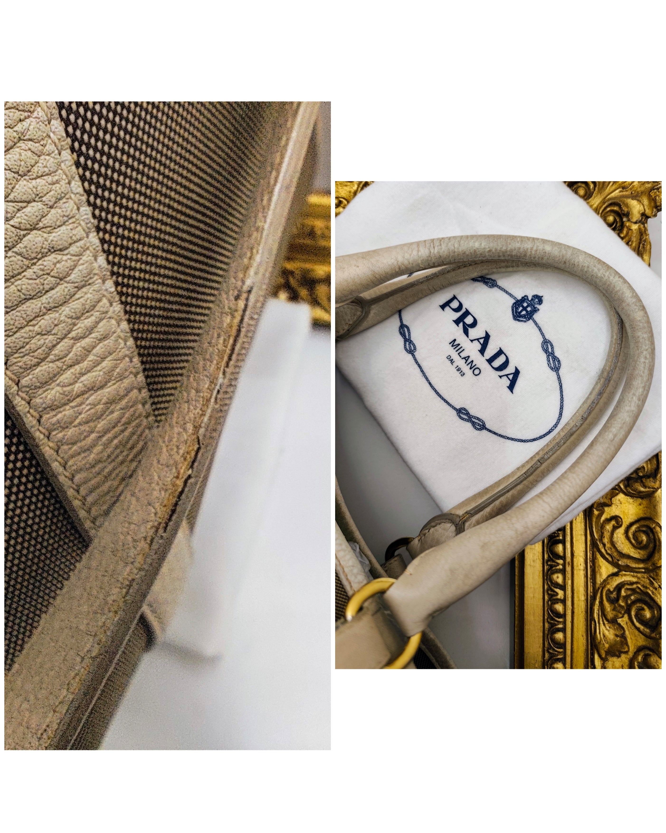 Prada – Shopper Tote Bag Logo Jacquard Tessuto Beige e Pelle Bianco
