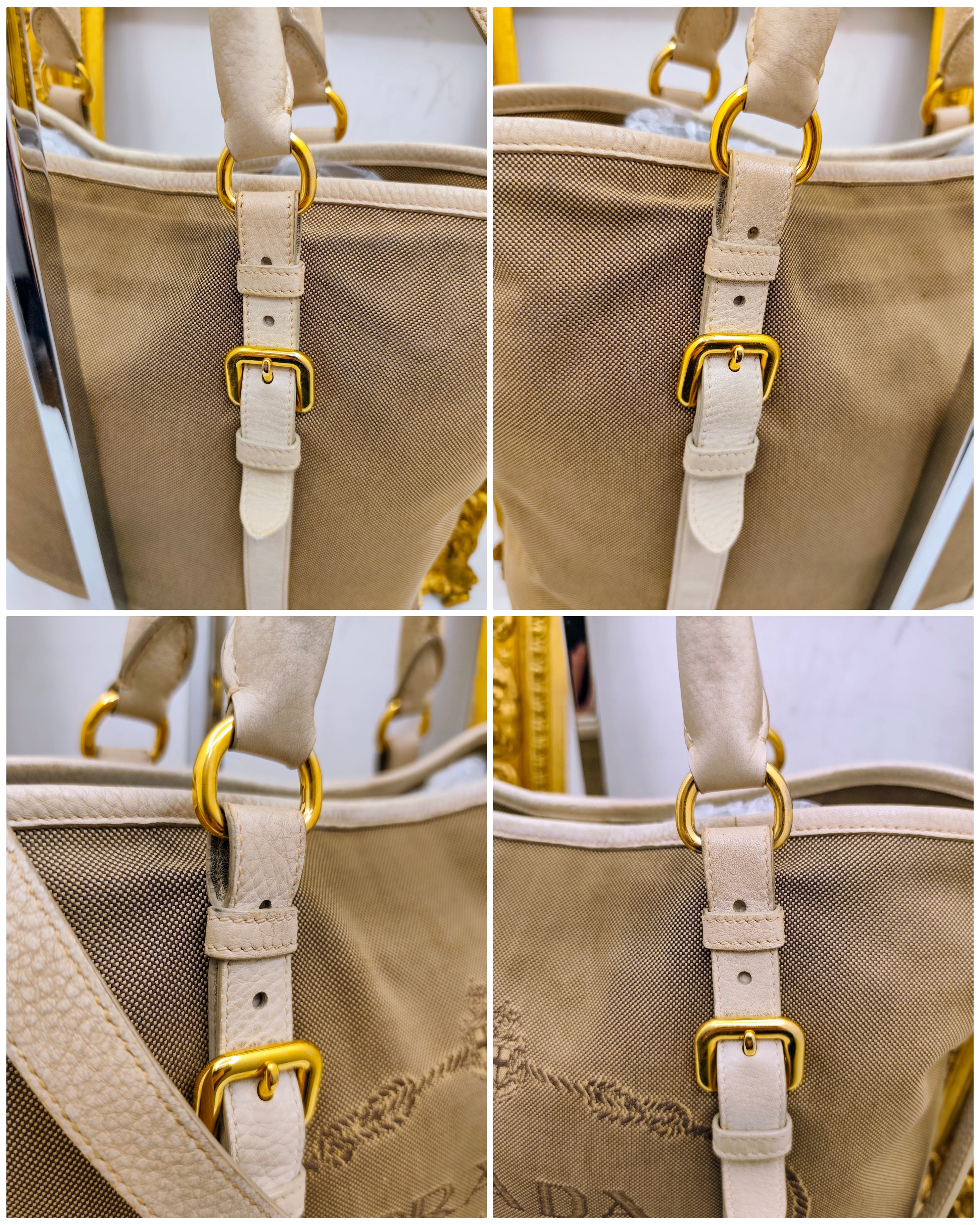 Prada – Shopper Tote Bag Logo Jacquard Tessuto Beige e Pelle Bianco