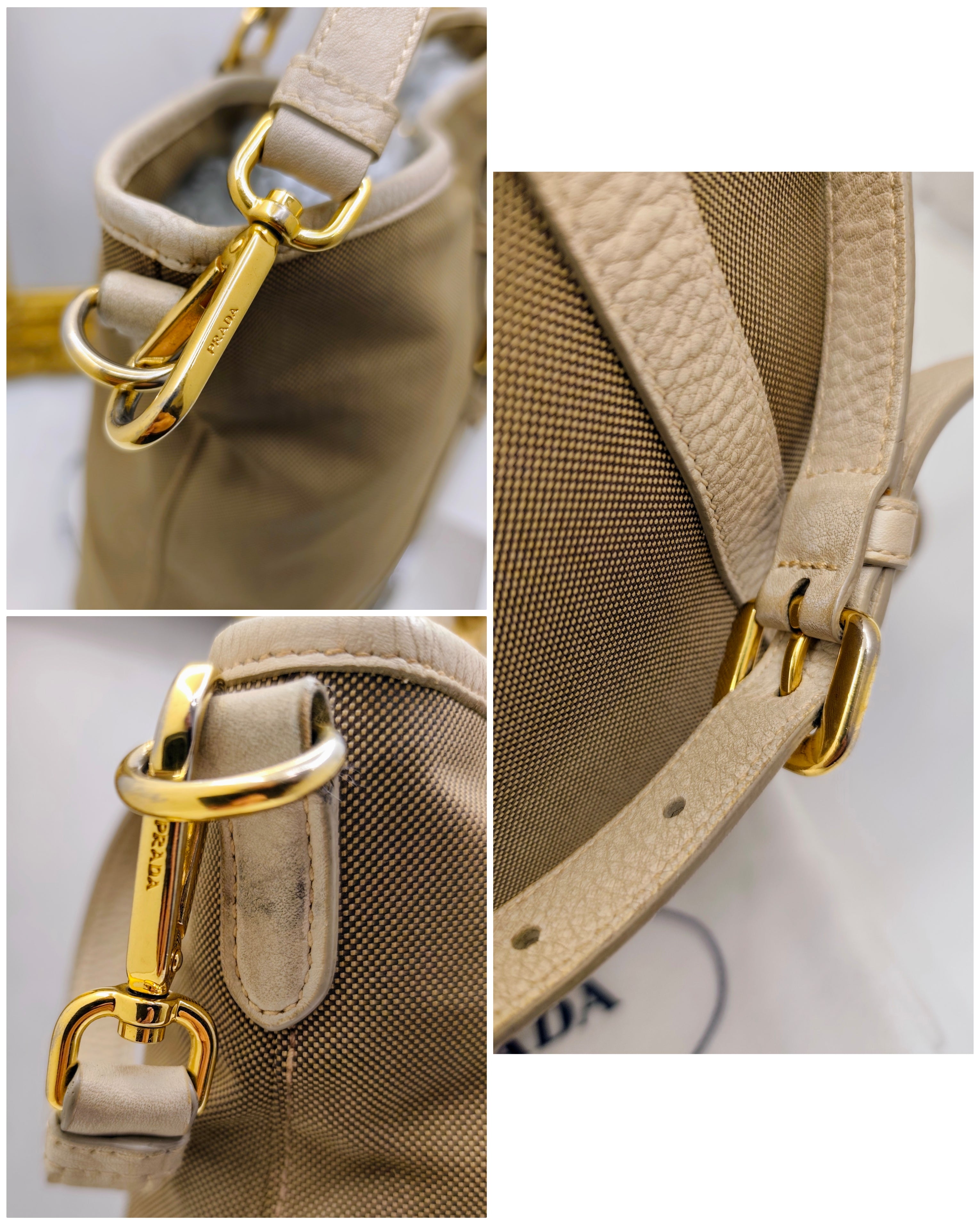 Prada – Shopper Tote Bag Logo Jacquard Tessuto Beige e Pelle Bianco