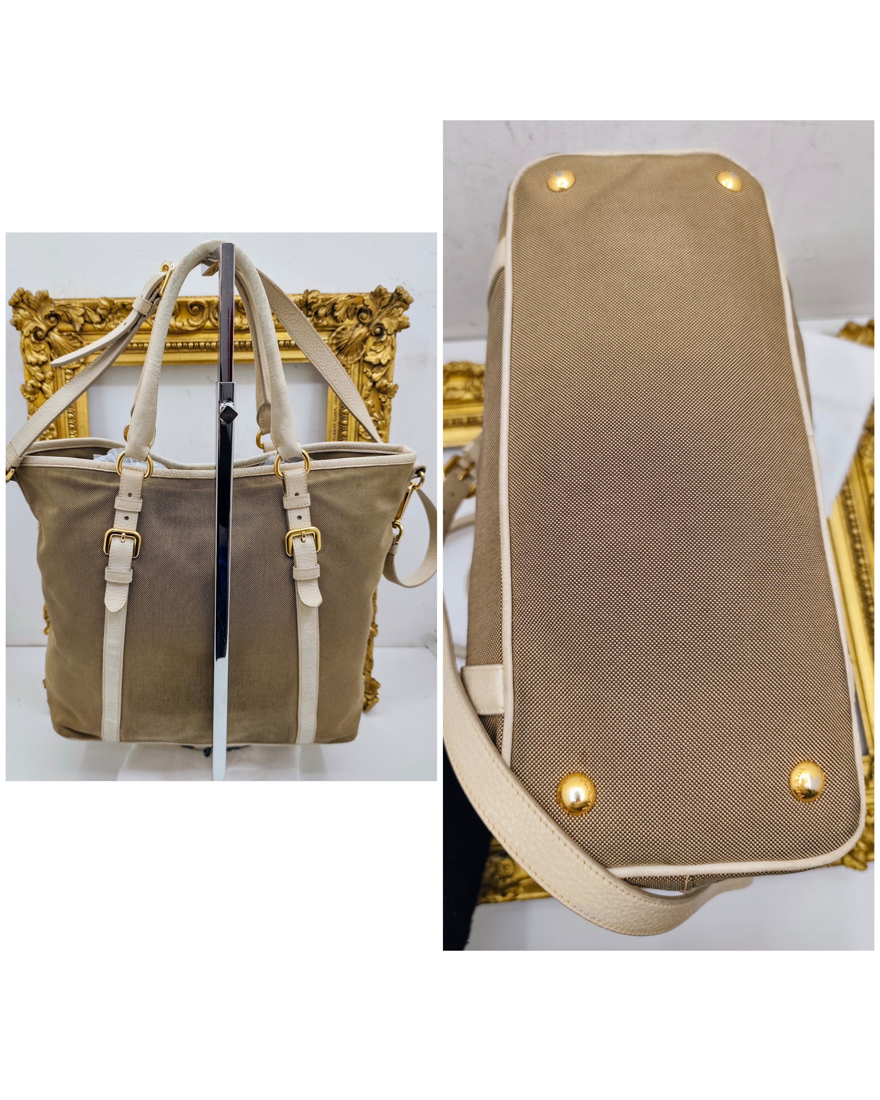 Prada – Shopper Tote Bag Logo Jacquard Tessuto Beige e Pelle Bianco