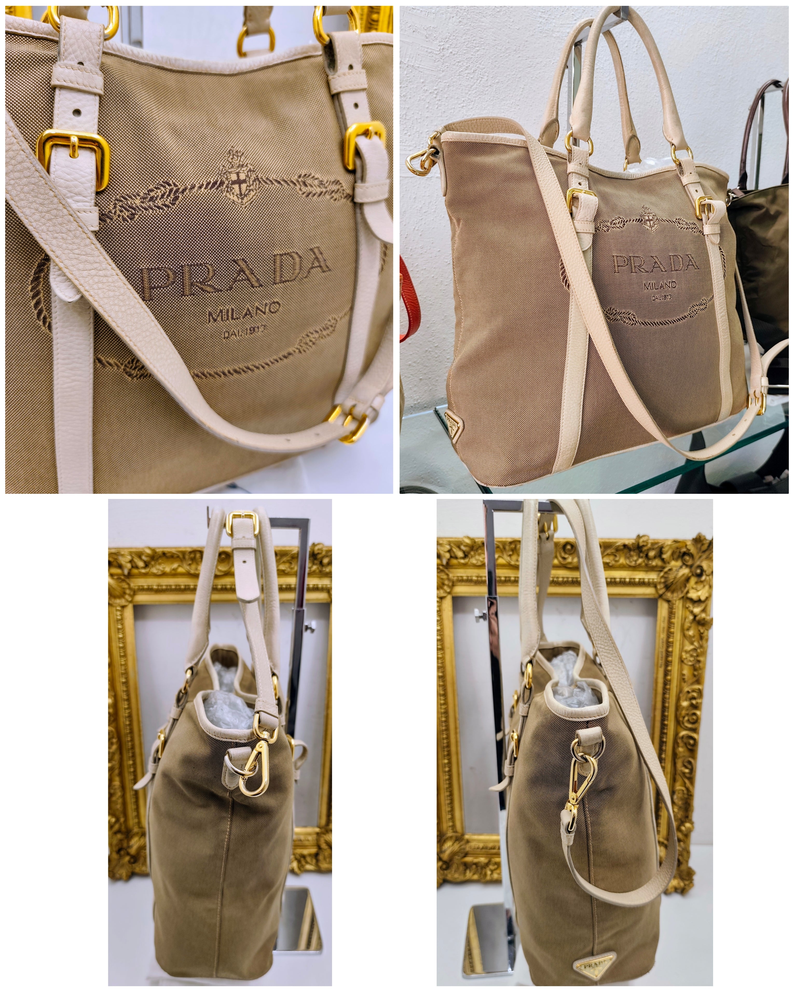 Prada – Shopper Tote Bag Logo Jacquard Tessuto Beige e Pelle Bianco