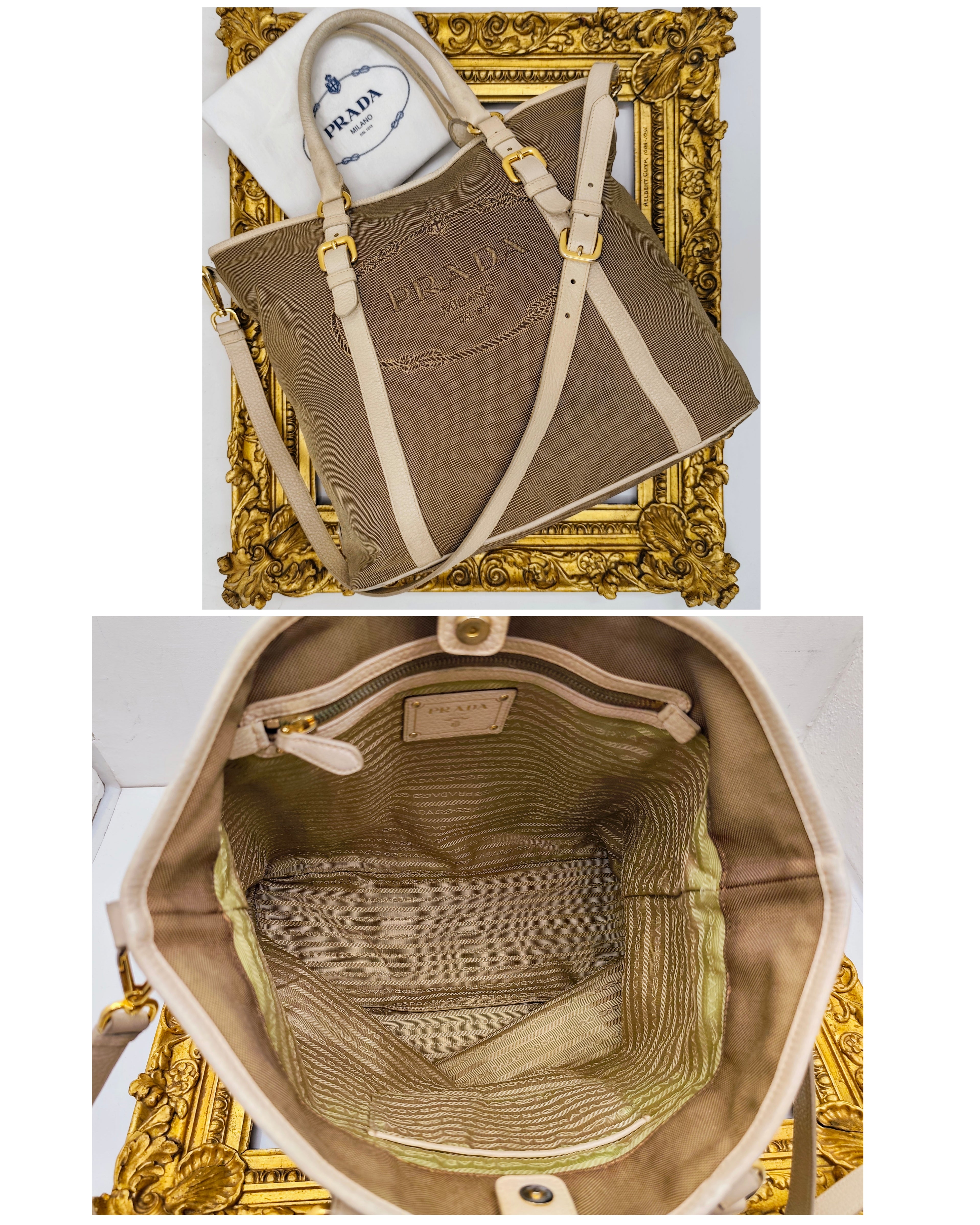 Prada – Shopper Tote Bag Logo Jacquard Tessuto Beige e Pelle Bianco