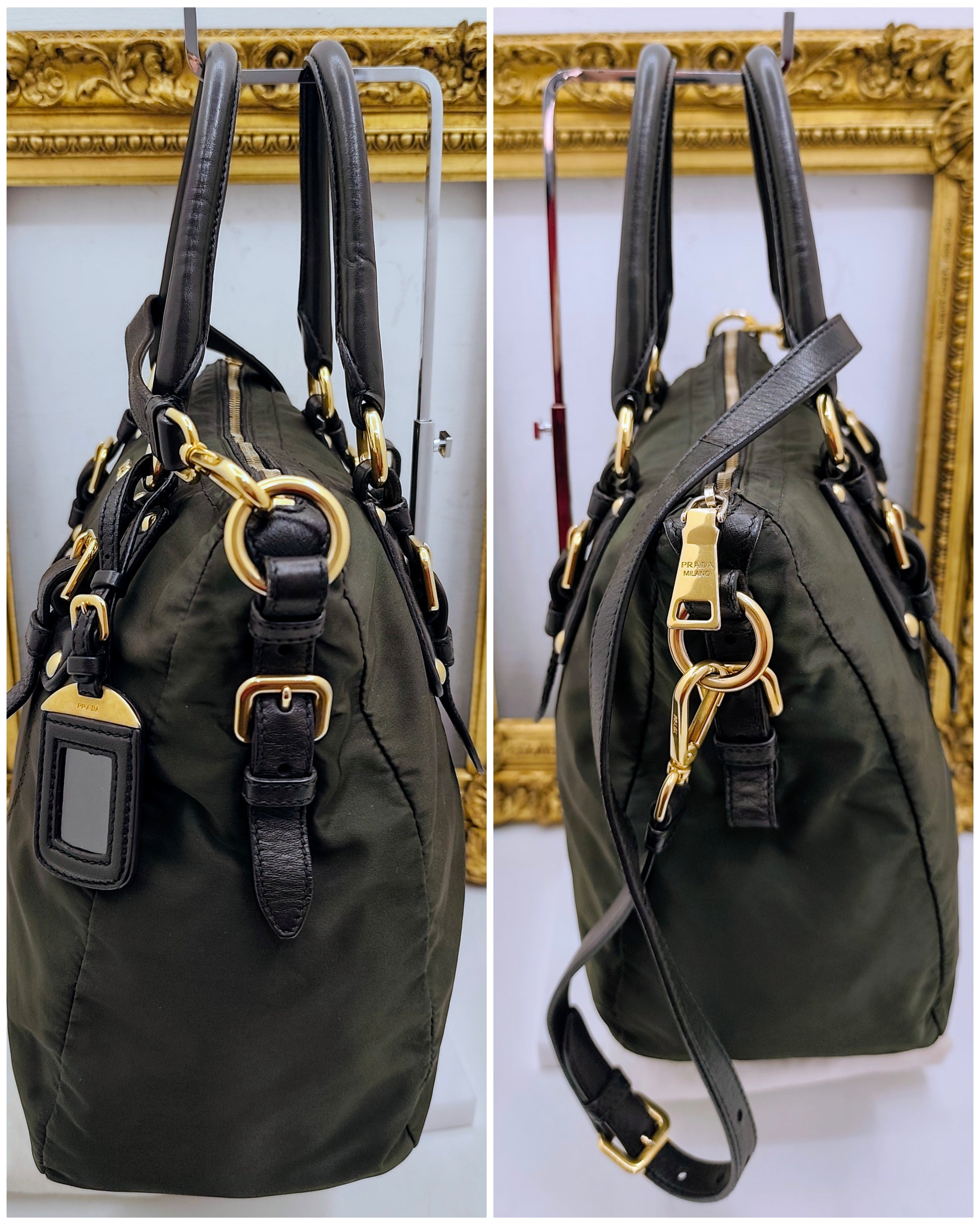 Prada – Shopper Tote Bag Logo Jacquard Tessuto e Pelle con Tracolla