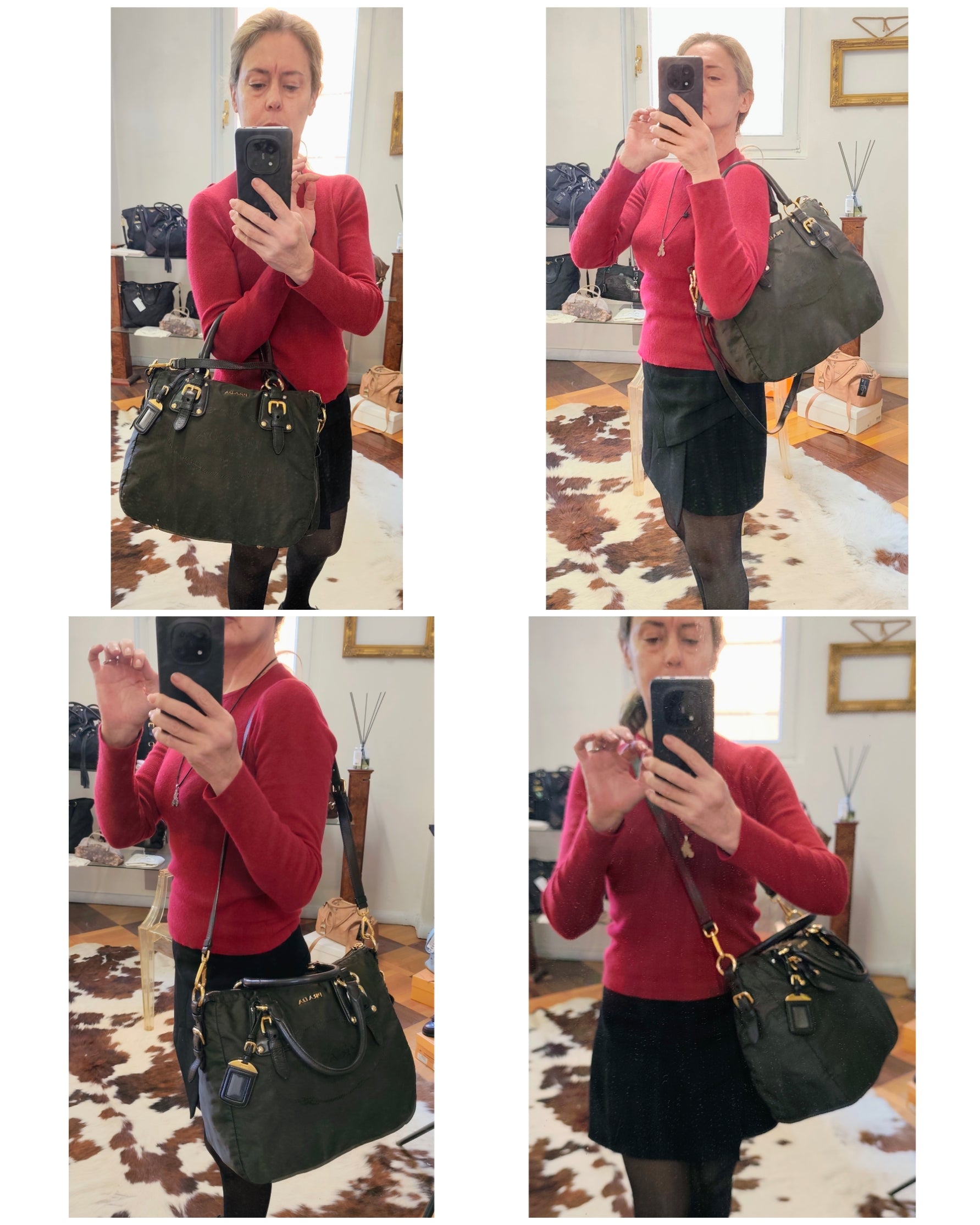Prada – Shopper Tote Bag Logo Jacquard Tessuto e Pelle con Tracolla