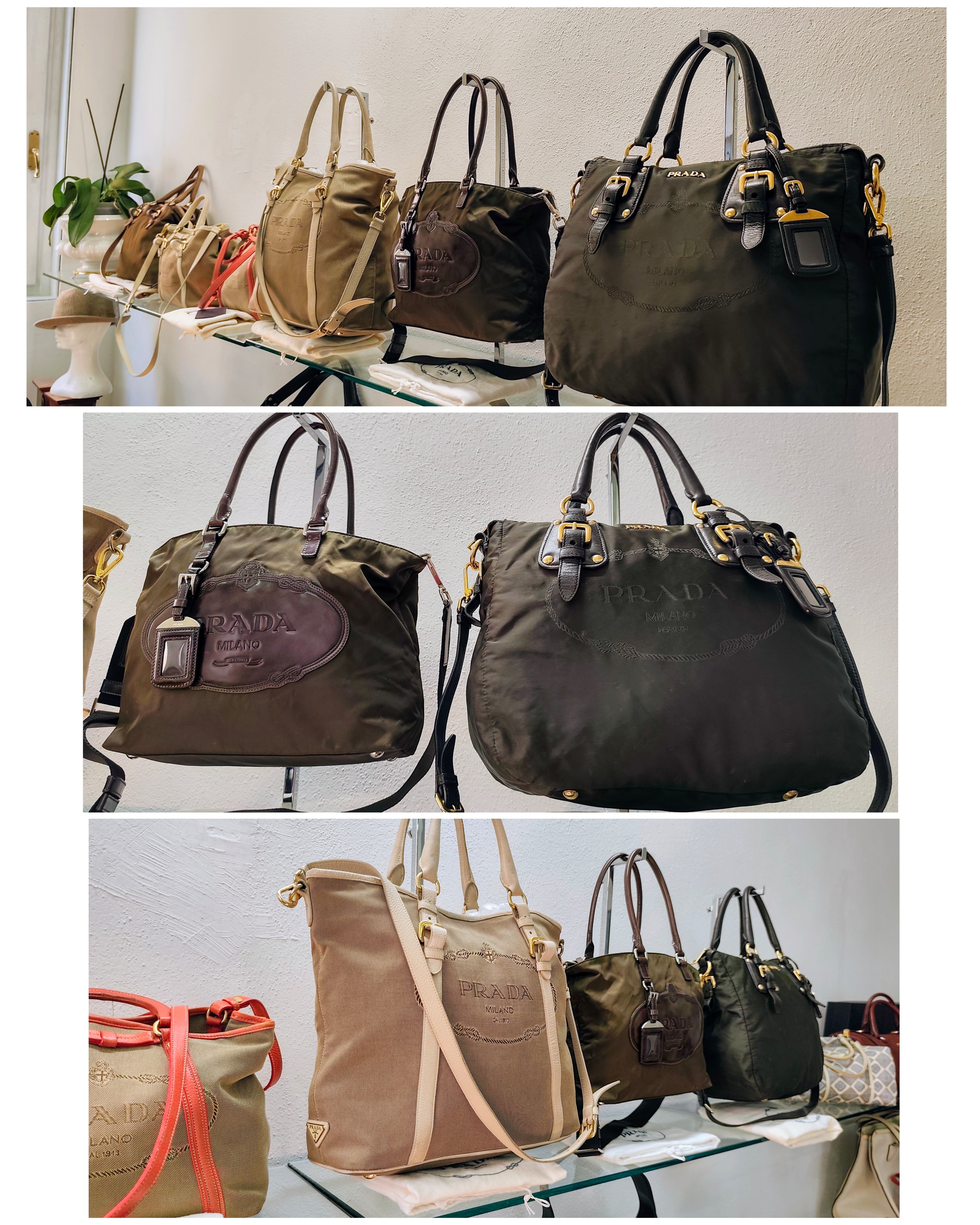 Prada – Shopper Tote Bag Logo Jacquard Tessuto e Pelle con Tracolla