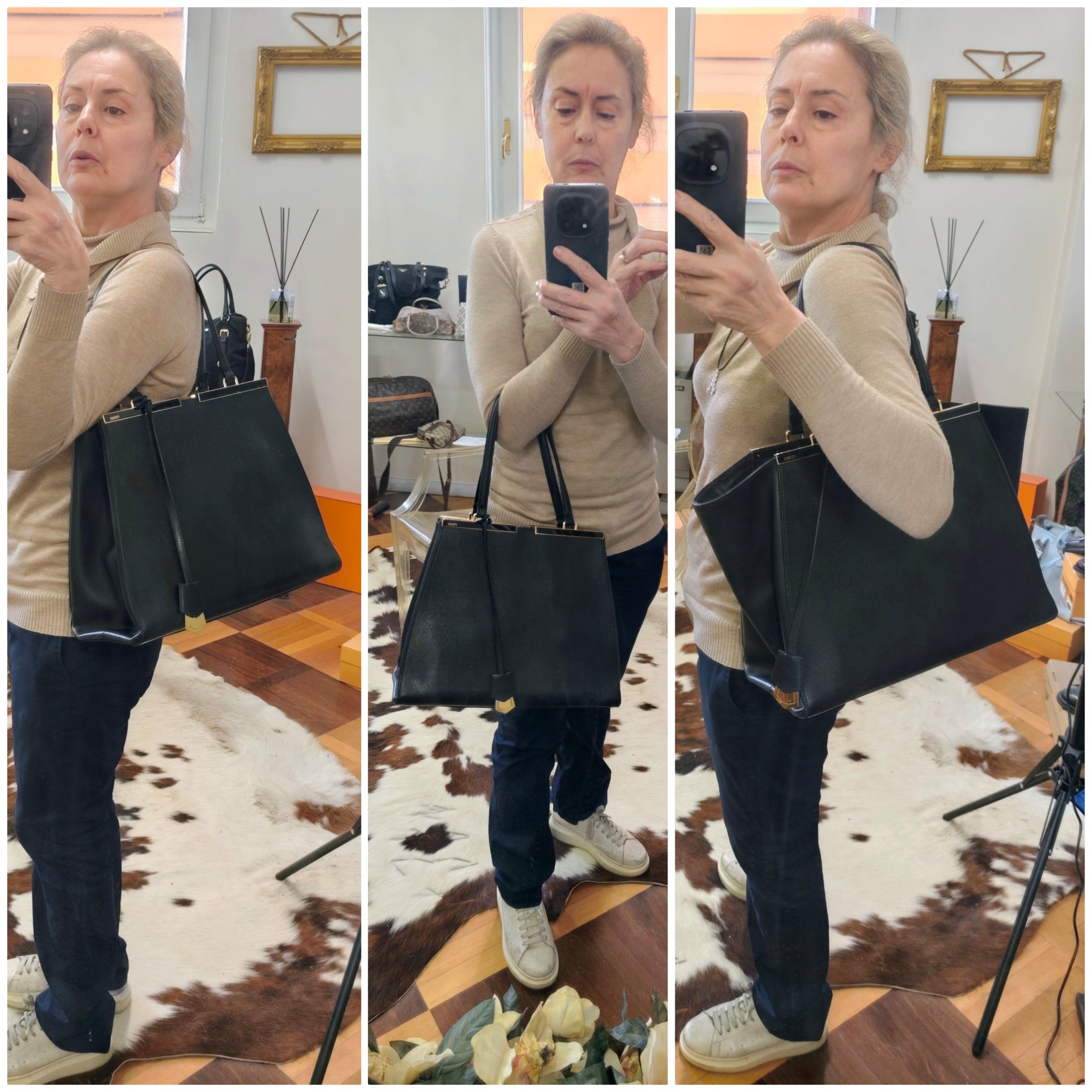 Fendi – 3 Jours Grande Tote Bag in Pelle di Vitello Blu Scuro e Nero