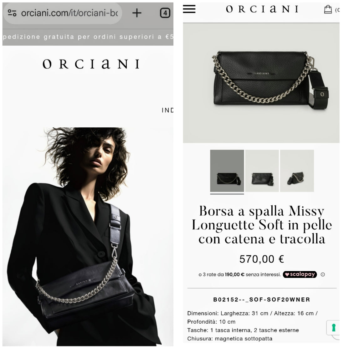 Orciani – Missy Longuette Soft Borsa a Spalla Pelle Nera con Catena e Tracolla