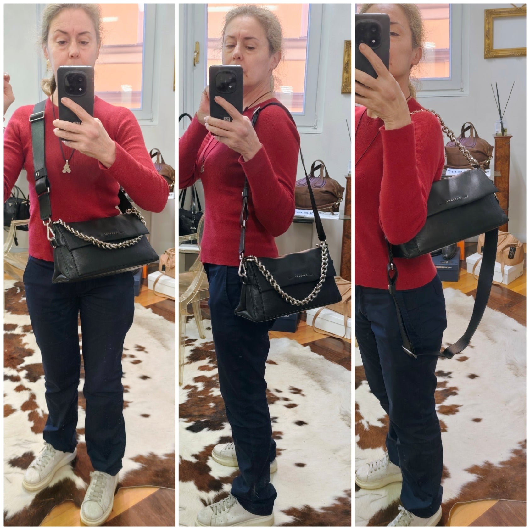 Orciani – Missy Longuette Soft Borsa a Spalla Pelle Nera con Catena e Tracolla