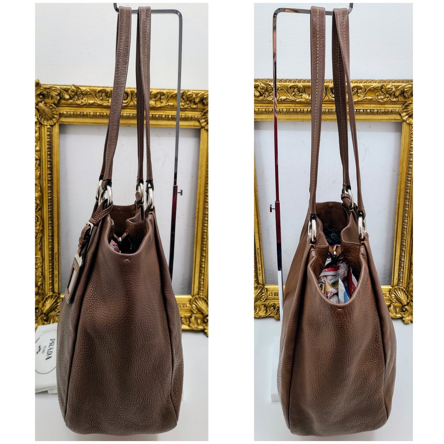 Prada - Borsa Shopping Spalla in Pelle Martellata Marrone