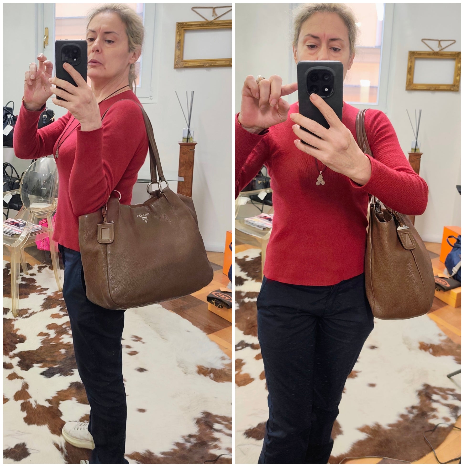 Prada - Borsa Shopping Spalla in Pelle Martellata Marrone
