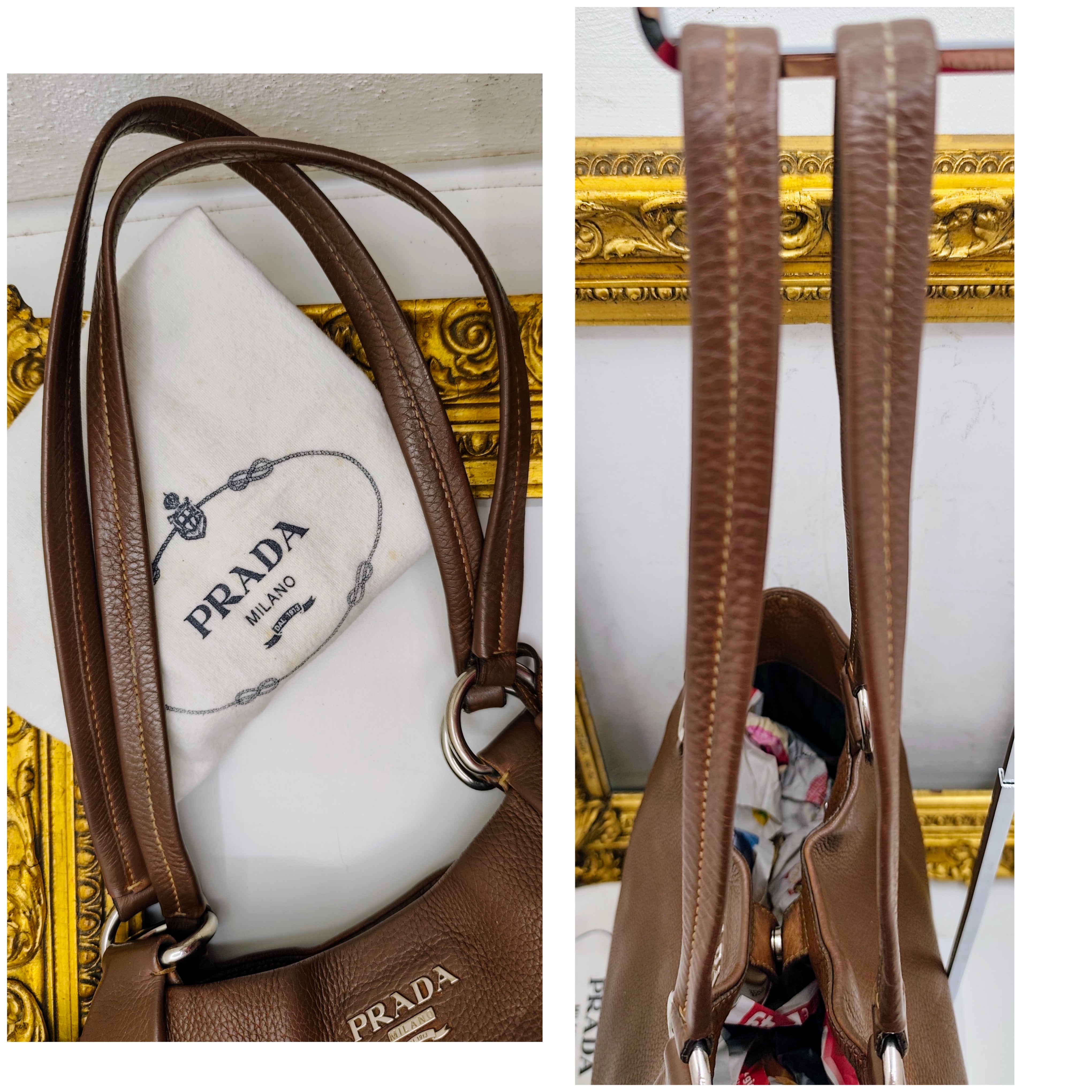 Prada - Borsa Shopping Spalla in Pelle Martellata Marrone