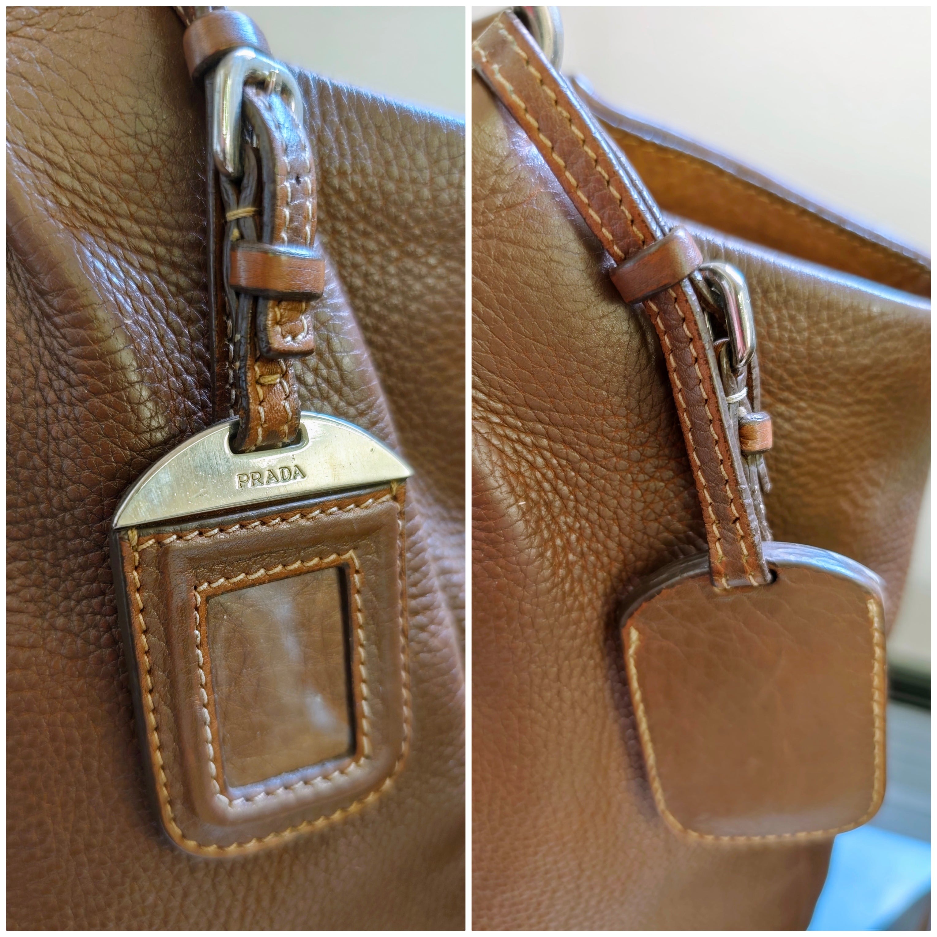 Prada - Borsa Shopping Spalla in Pelle Martellata Marrone