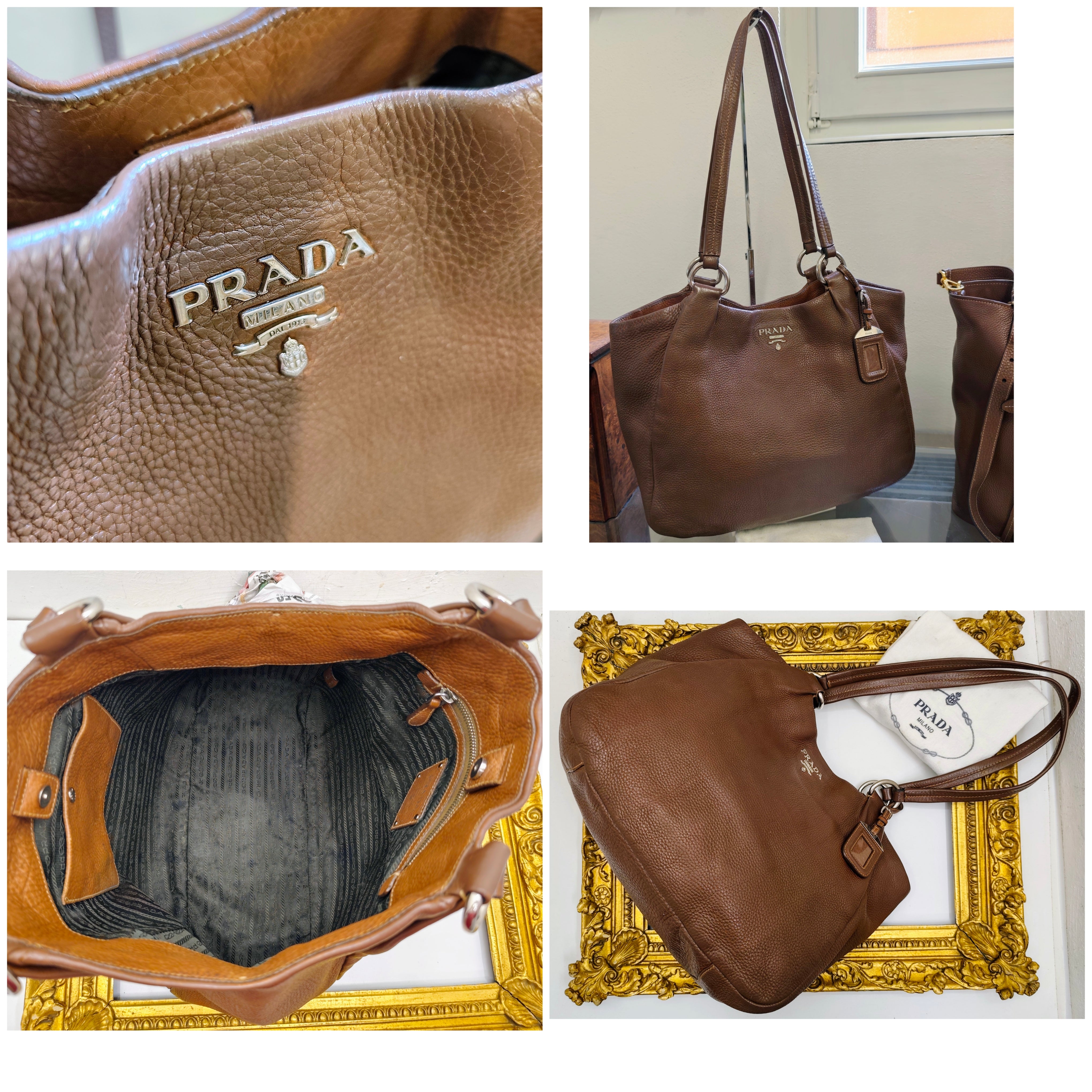 Prada - Borsa Shopping Spalla in Pelle Martellata Marrone