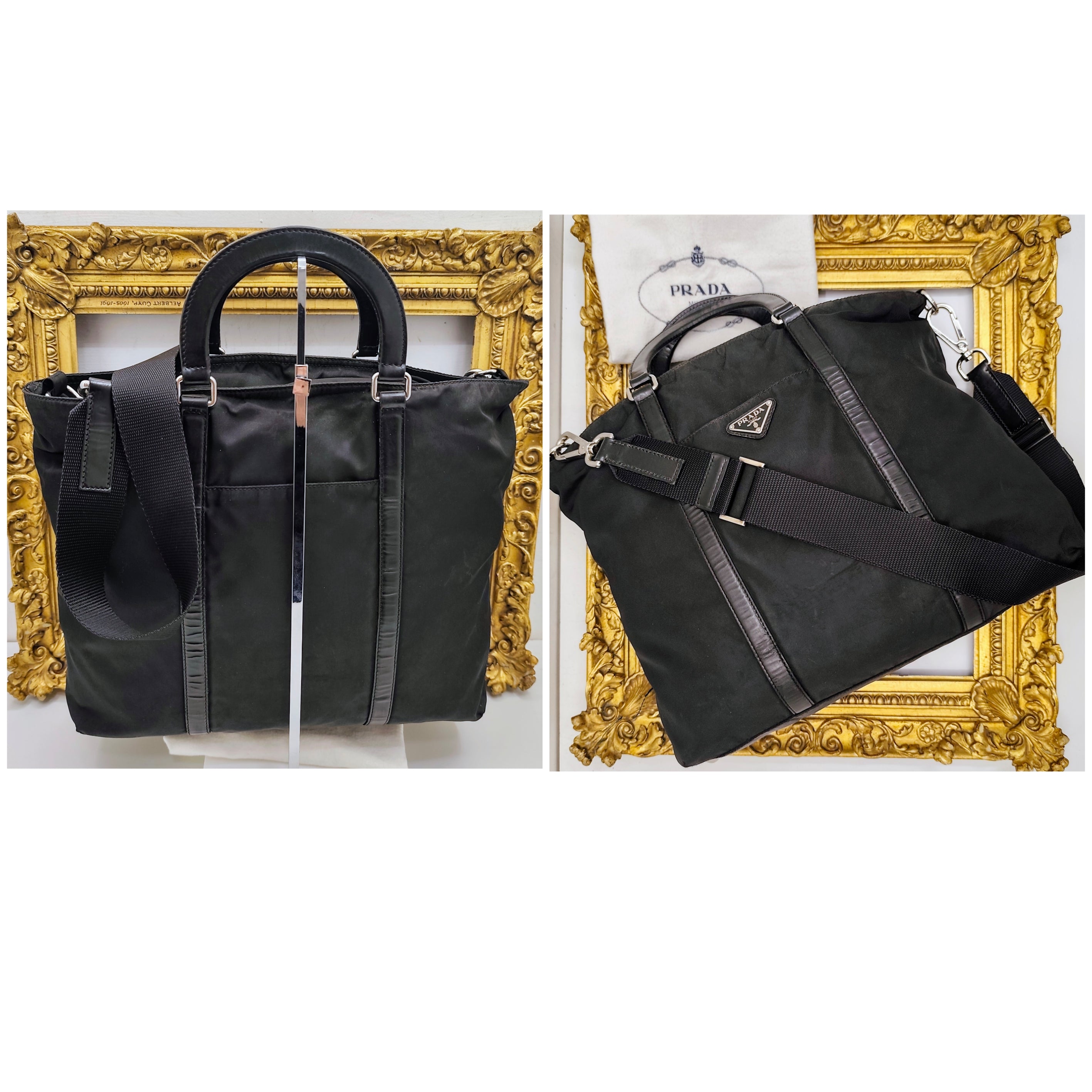 Prada – City 2Way Shopper da Viaggio in Nylon e Pelle Nero con Tracolla