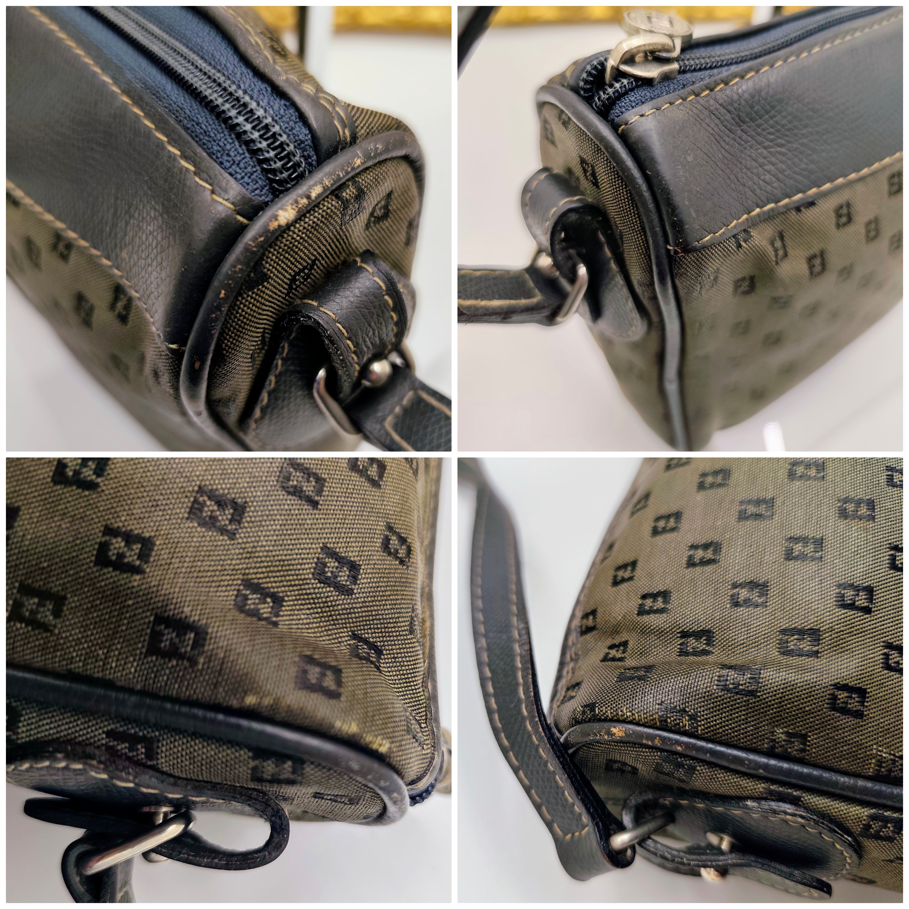 Fendi – Camera Bag Postina a Tracolla in Canvas Grigio e Pelle Blu