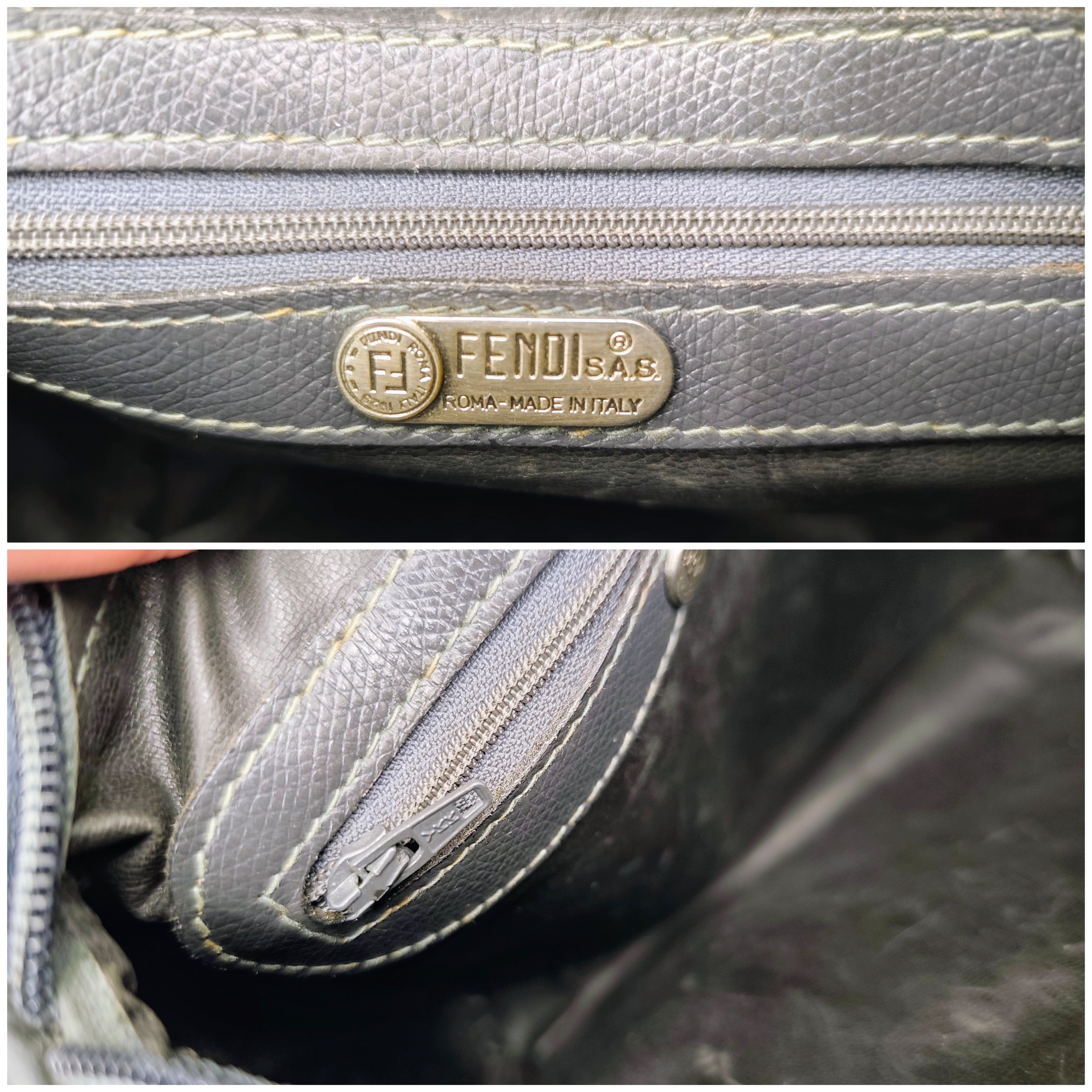 Fendi – Camera Bag Postina a Tracolla in Canvas Grigio e Pelle Blu