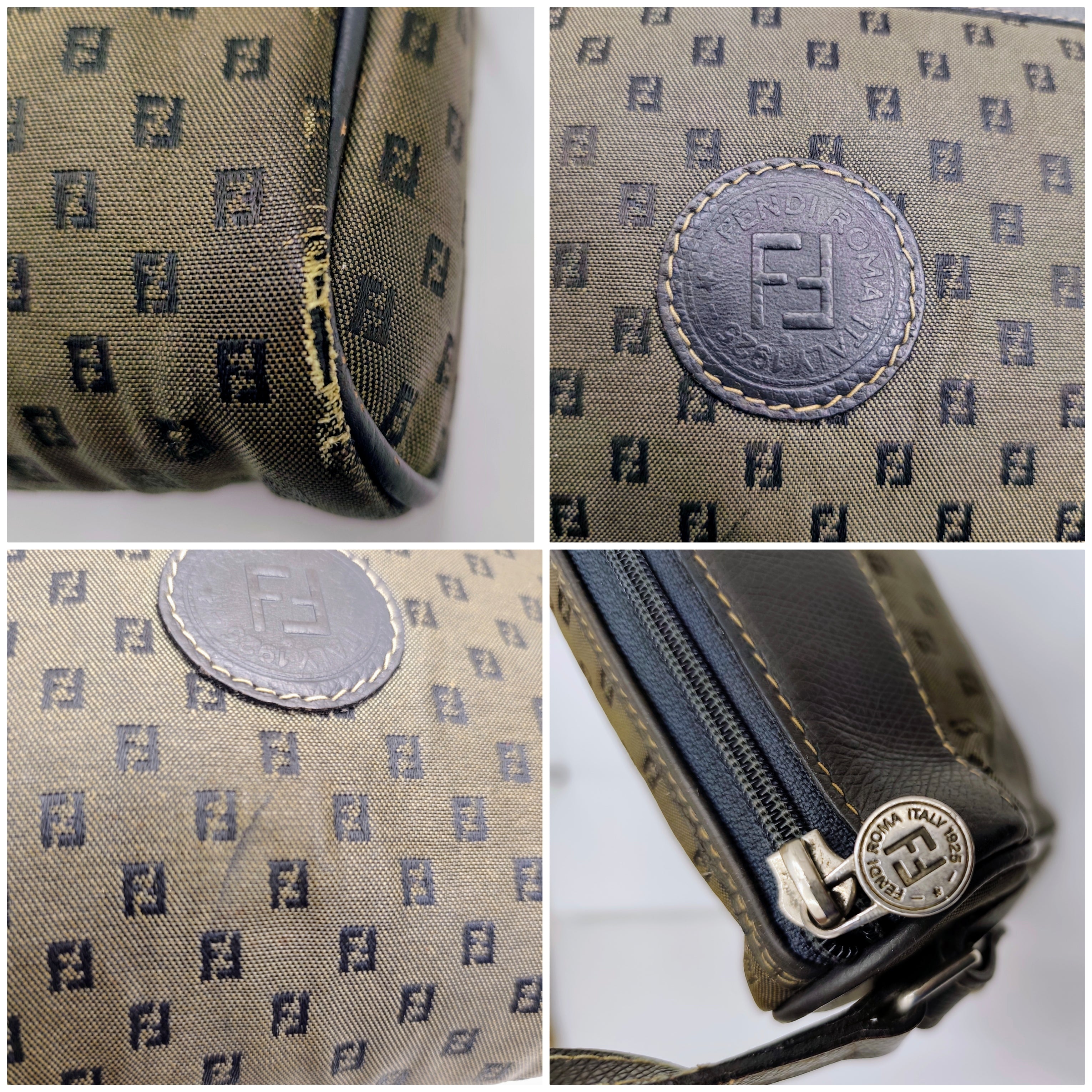 Fendi – Camera Bag Postina a Tracolla in Canvas Grigio e Pelle Blu