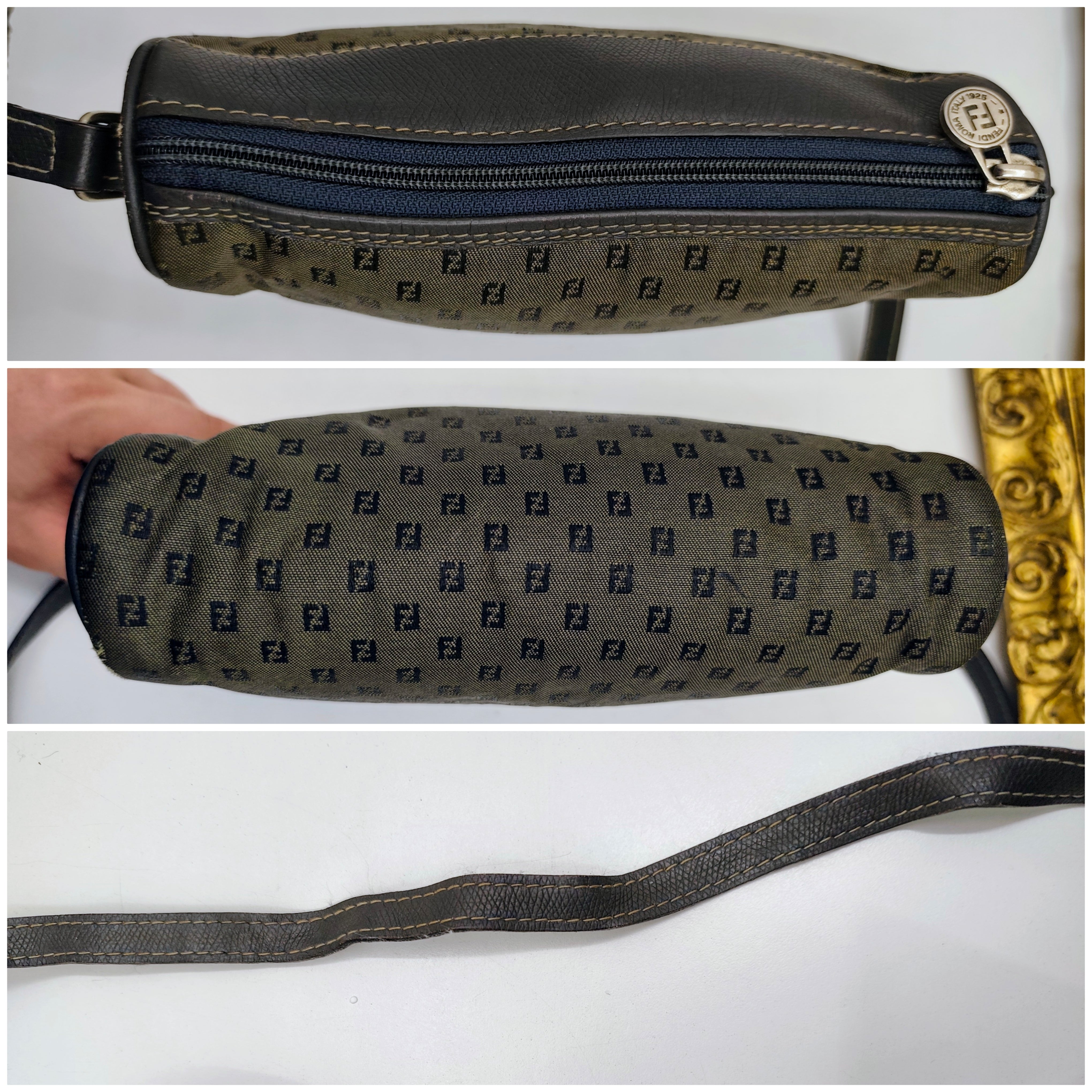 Fendi – Camera Bag Postina a Tracolla in Canvas Grigio e Pelle Blu