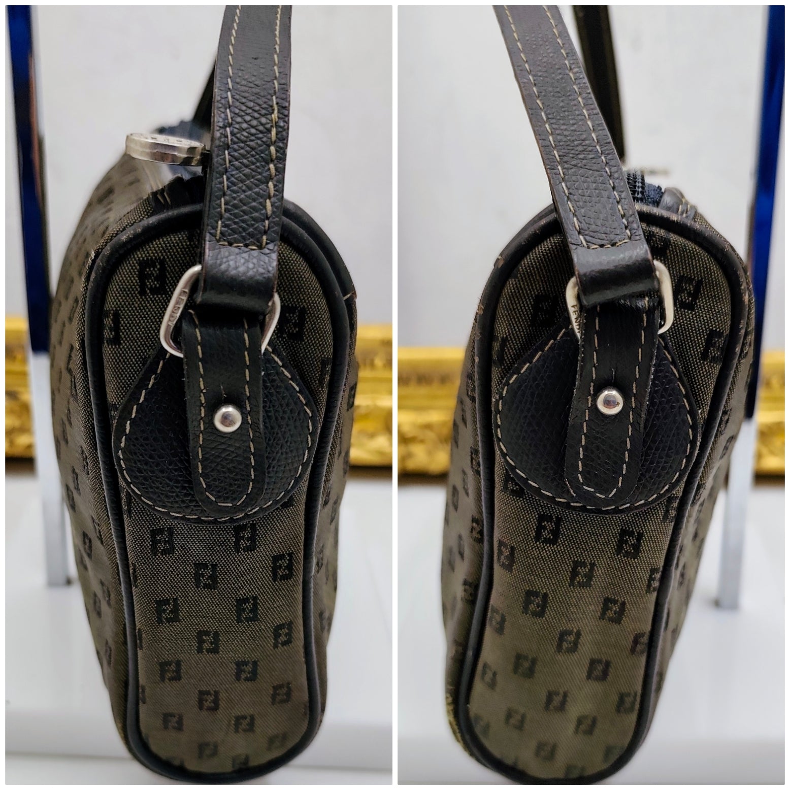 Fendi – Camera Bag Postina a Tracolla in Canvas Grigio e Pelle Blu