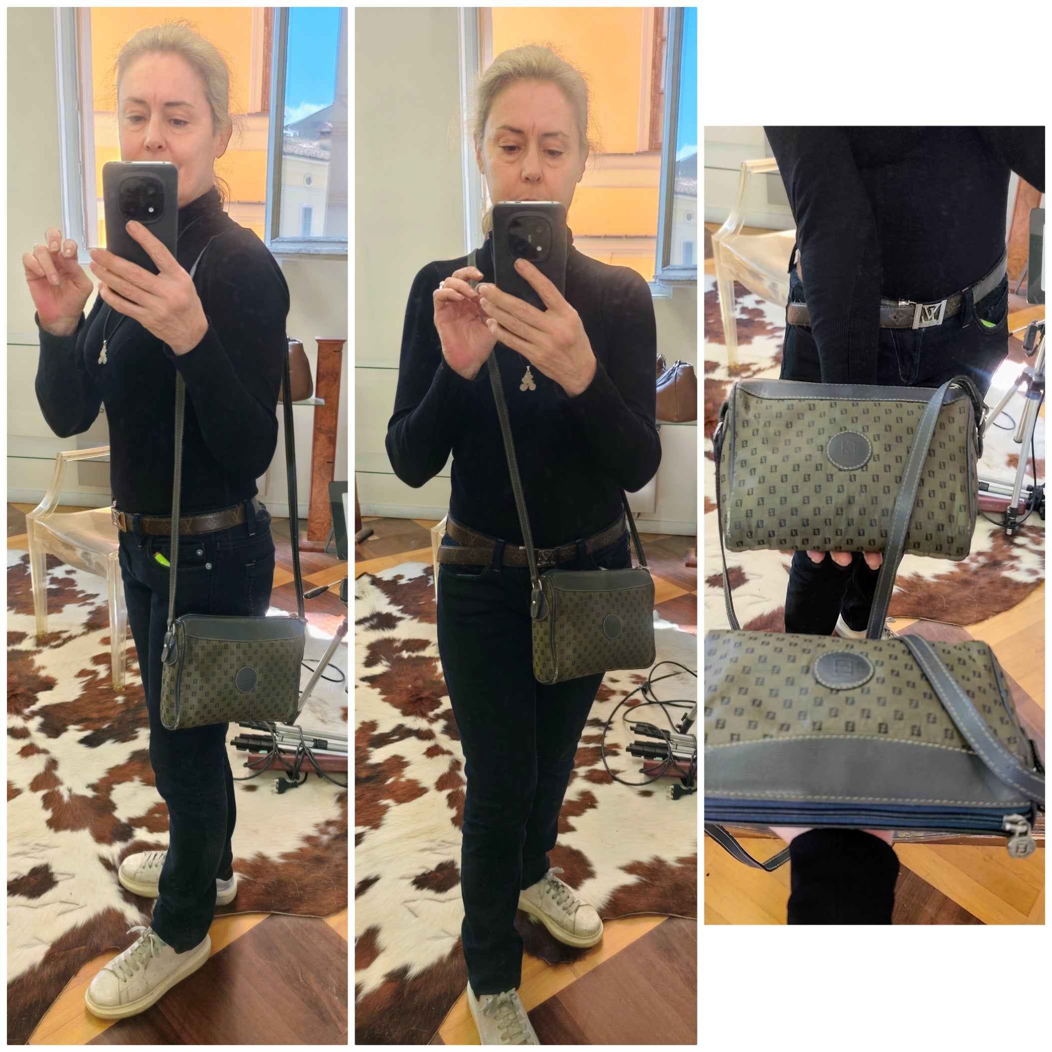Fendi – Camera Bag Postina a Tracolla in Canvas Grigio e Pelle Blu