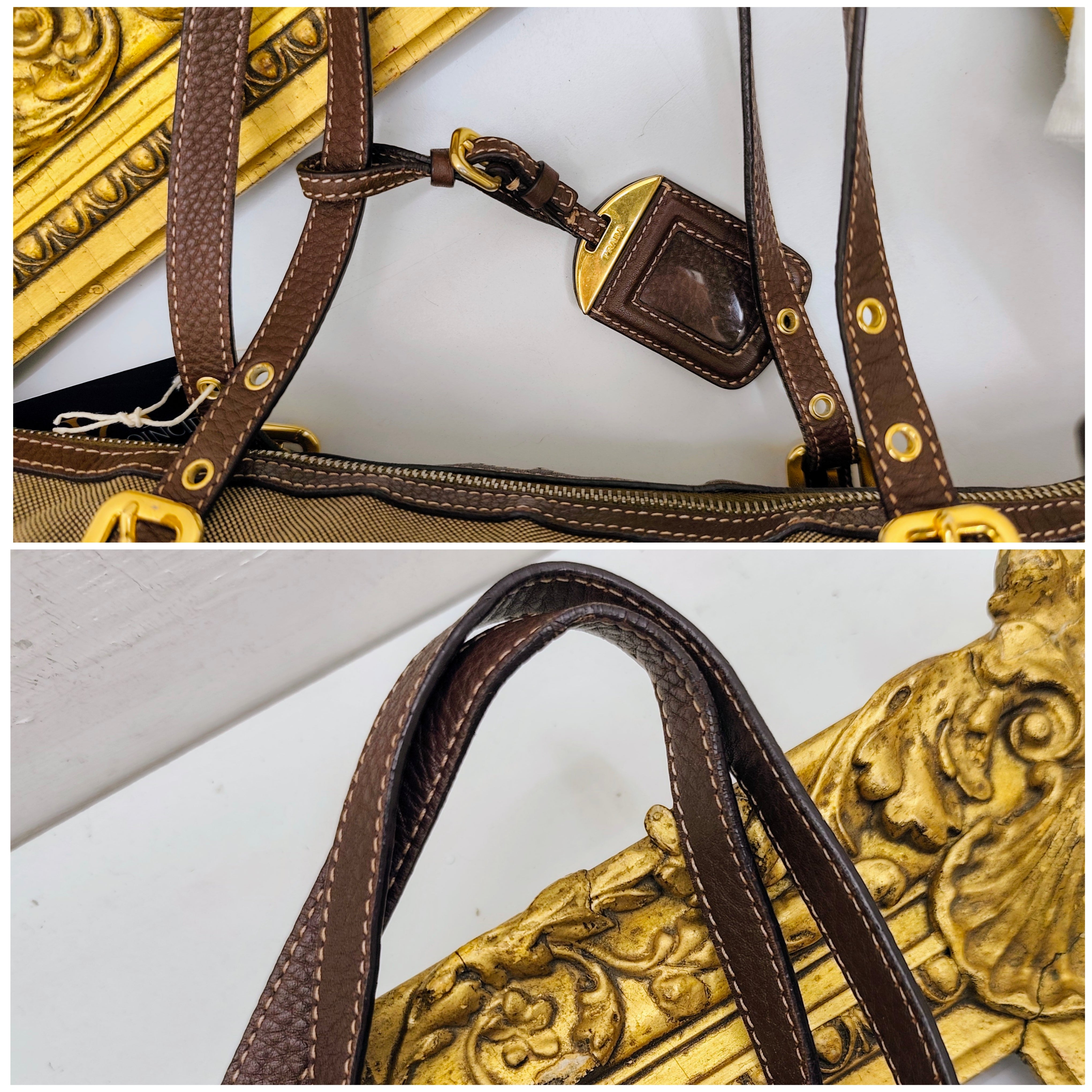 Prada - Shopper Tote Bag in Tessuto Jacquard Beige e Inserti in Pelle