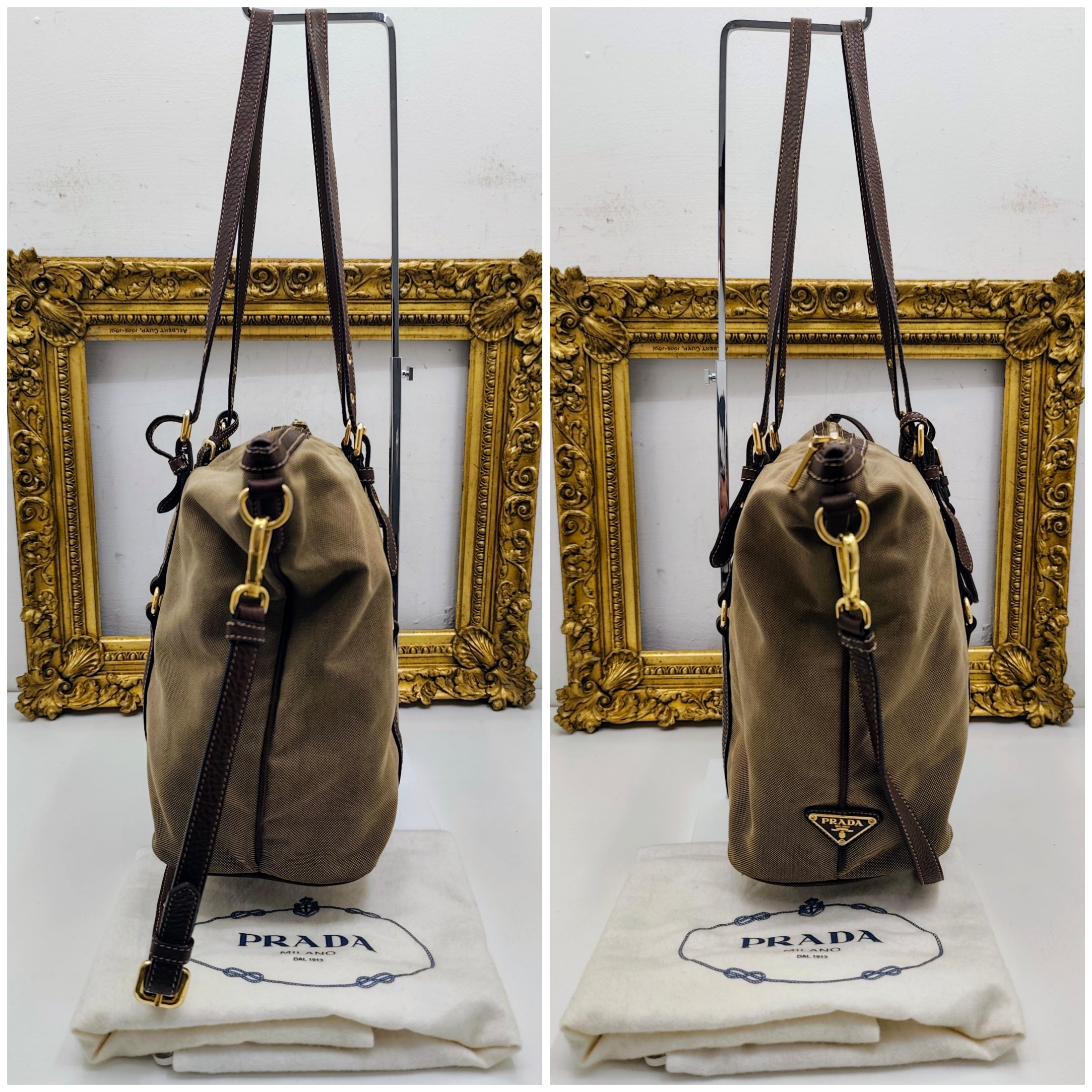 Prada - Shopper Tote Bag in Tessuto Jacquard Beige e Inserti in Pelle