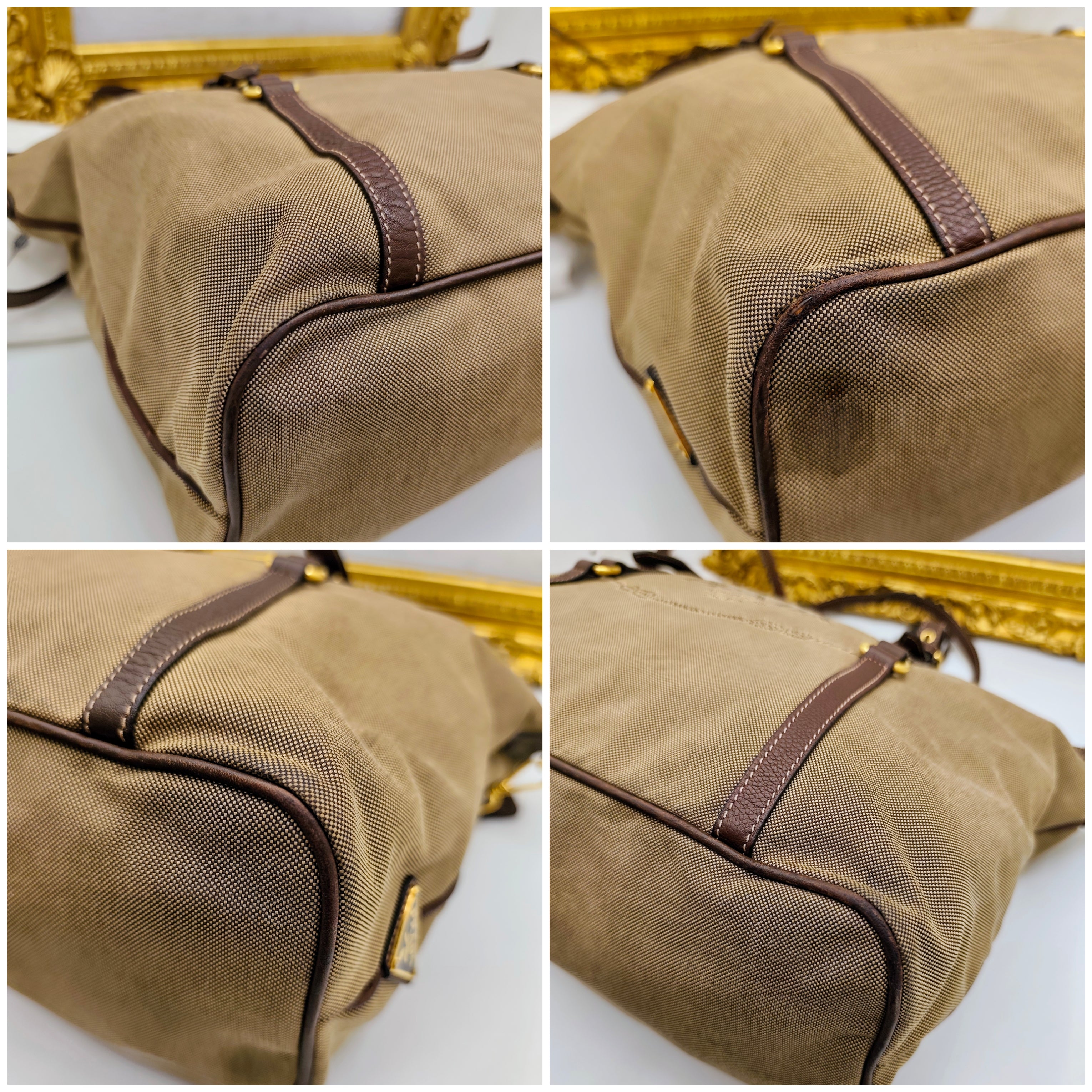 Prada - Shopper Tote Bag in Tessuto Jacquard Beige e Inserti in Pelle