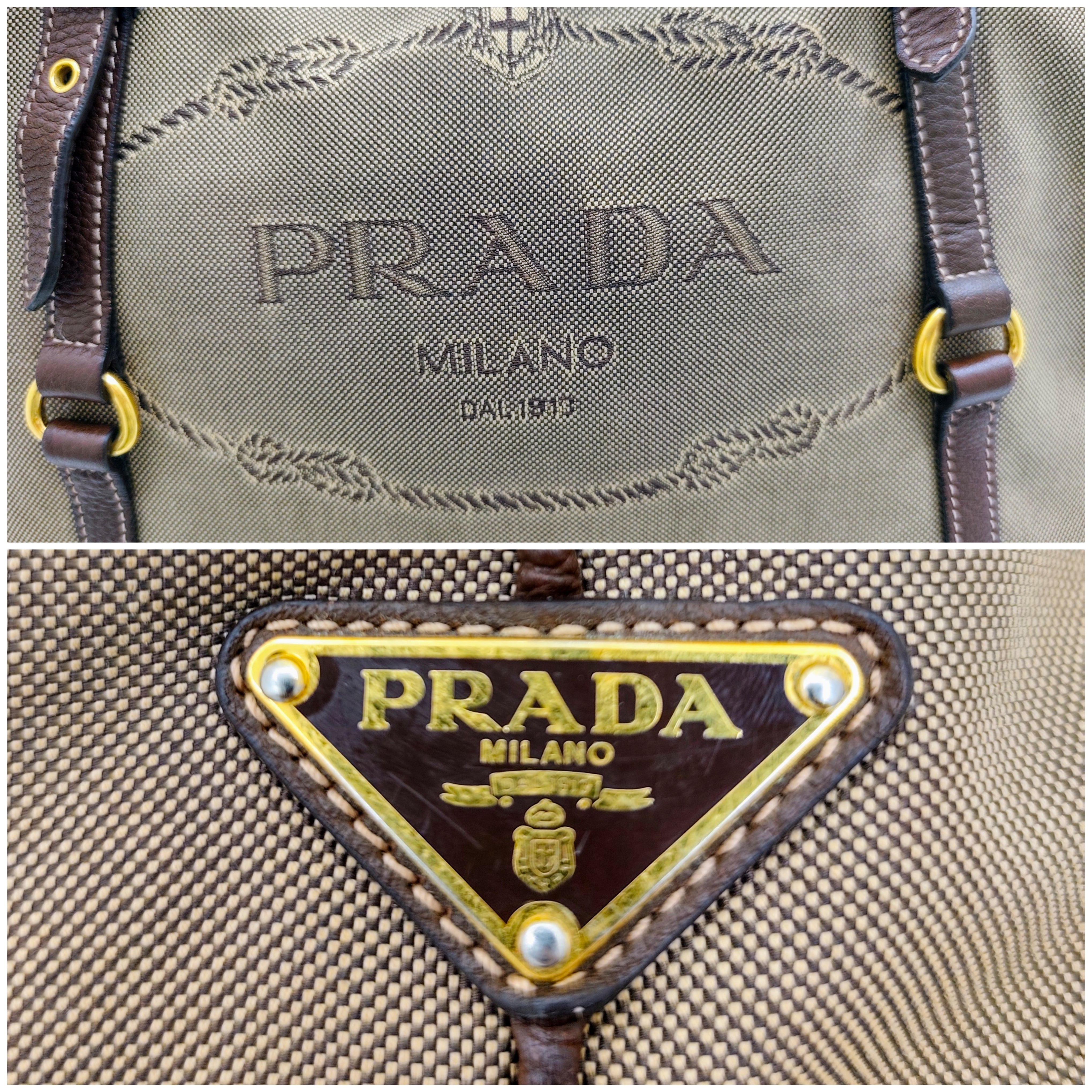 Prada - Shopper Tote Bag in Tessuto Jacquard Beige e Inserti in Pelle