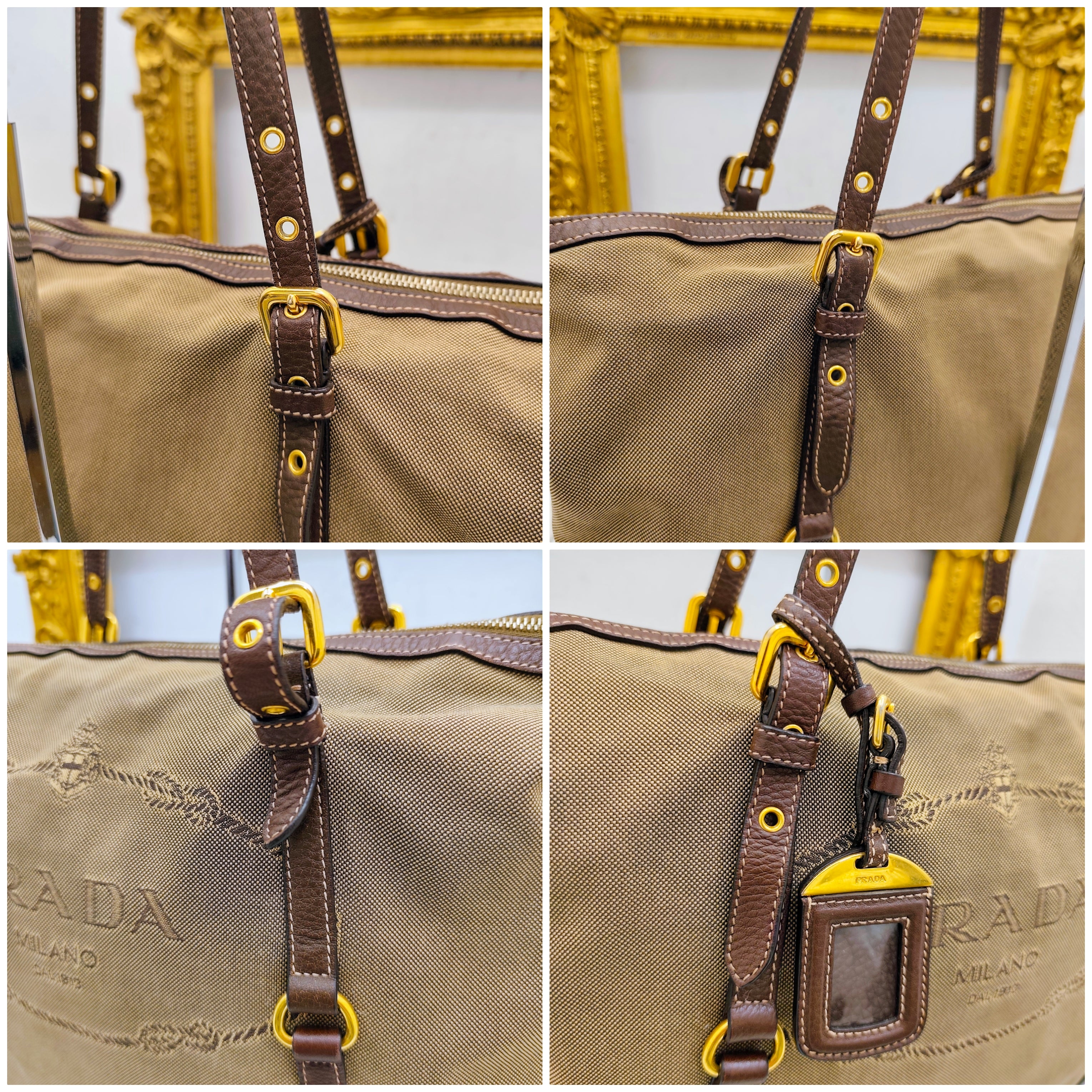 Prada - Shopper Tote Bag in Tessuto Jacquard Beige e Inserti in Pelle
