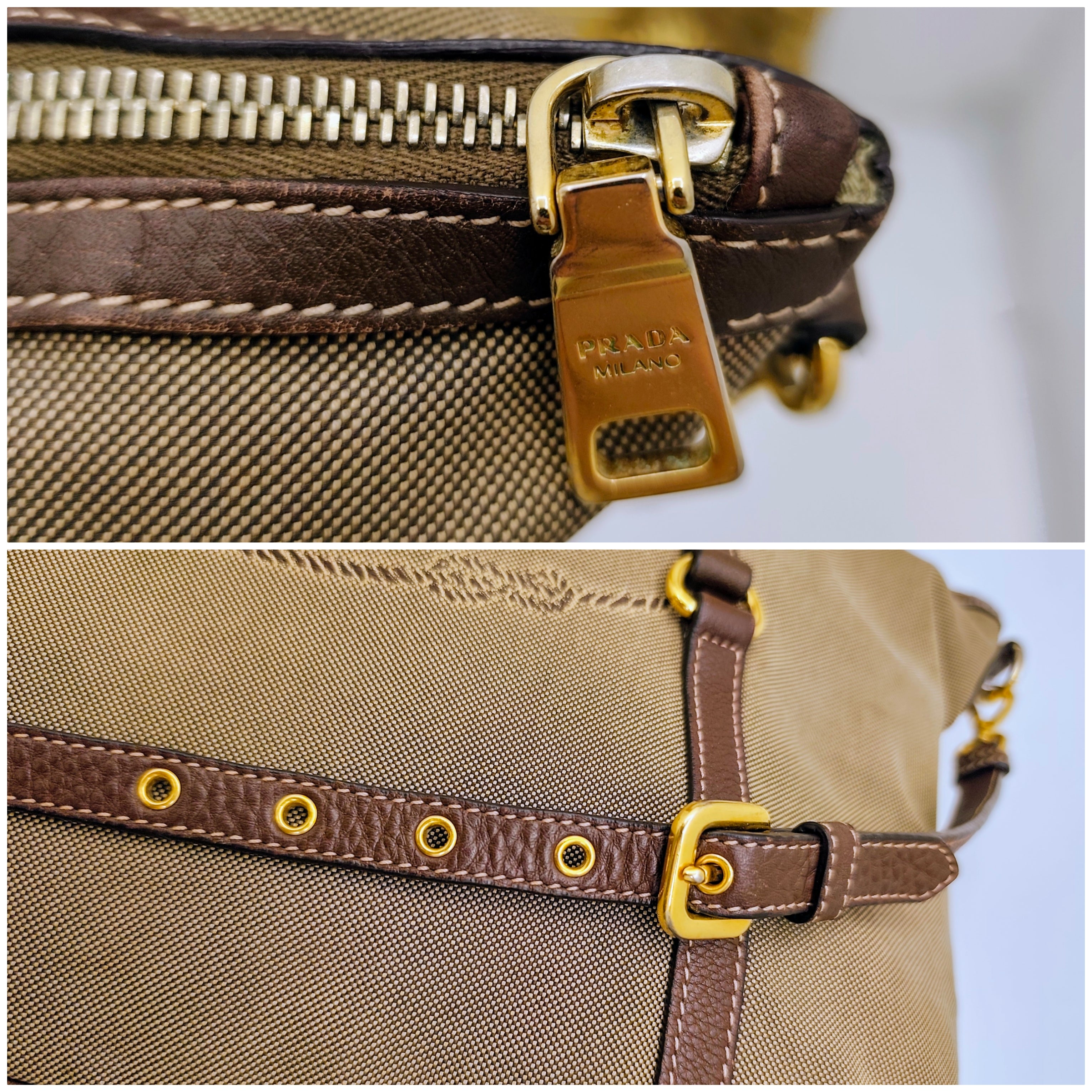 Prada - Shopper Tote Bag in Tessuto Jacquard Beige e Inserti in Pelle