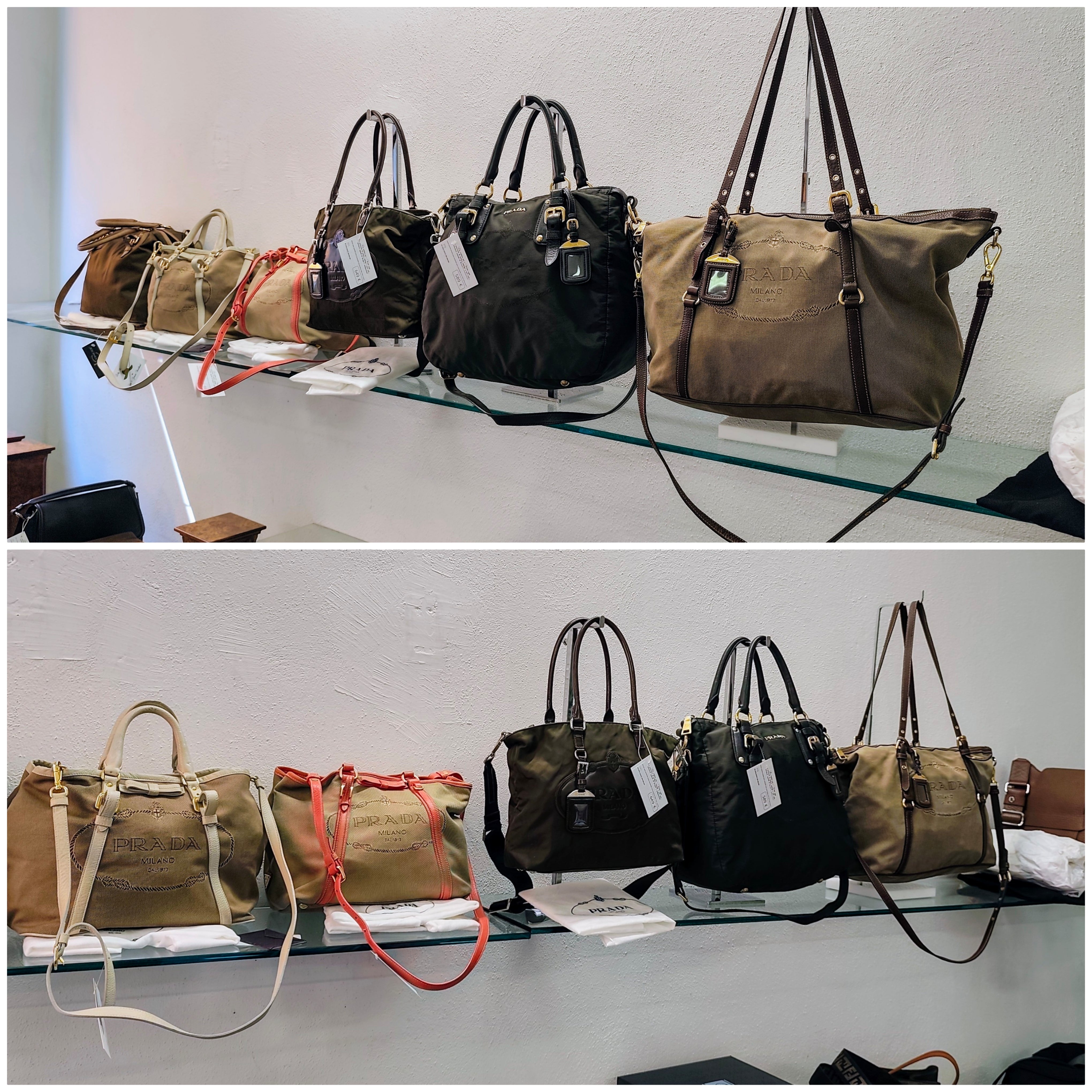Prada - Shopper Tote Bag in Tessuto Jacquard Beige e Inserti in Pelle