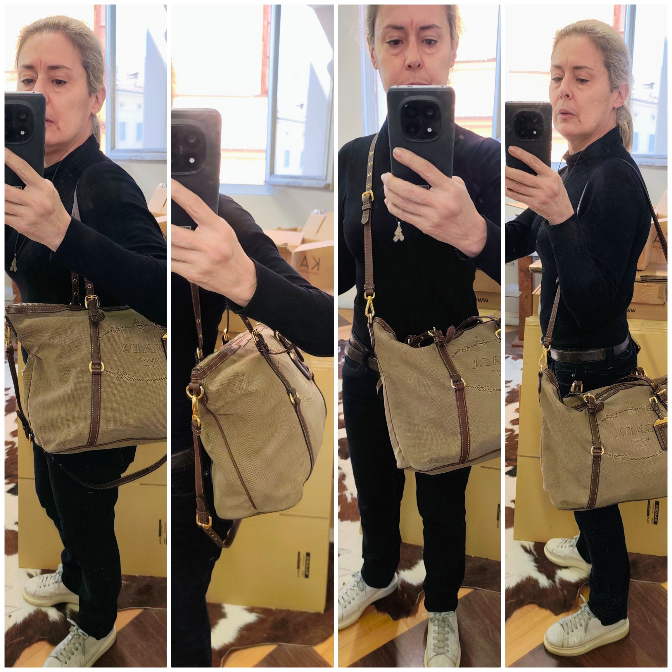 Prada - Shopper Tote Bag in Tessuto Jacquard Beige e Inserti in Pelle