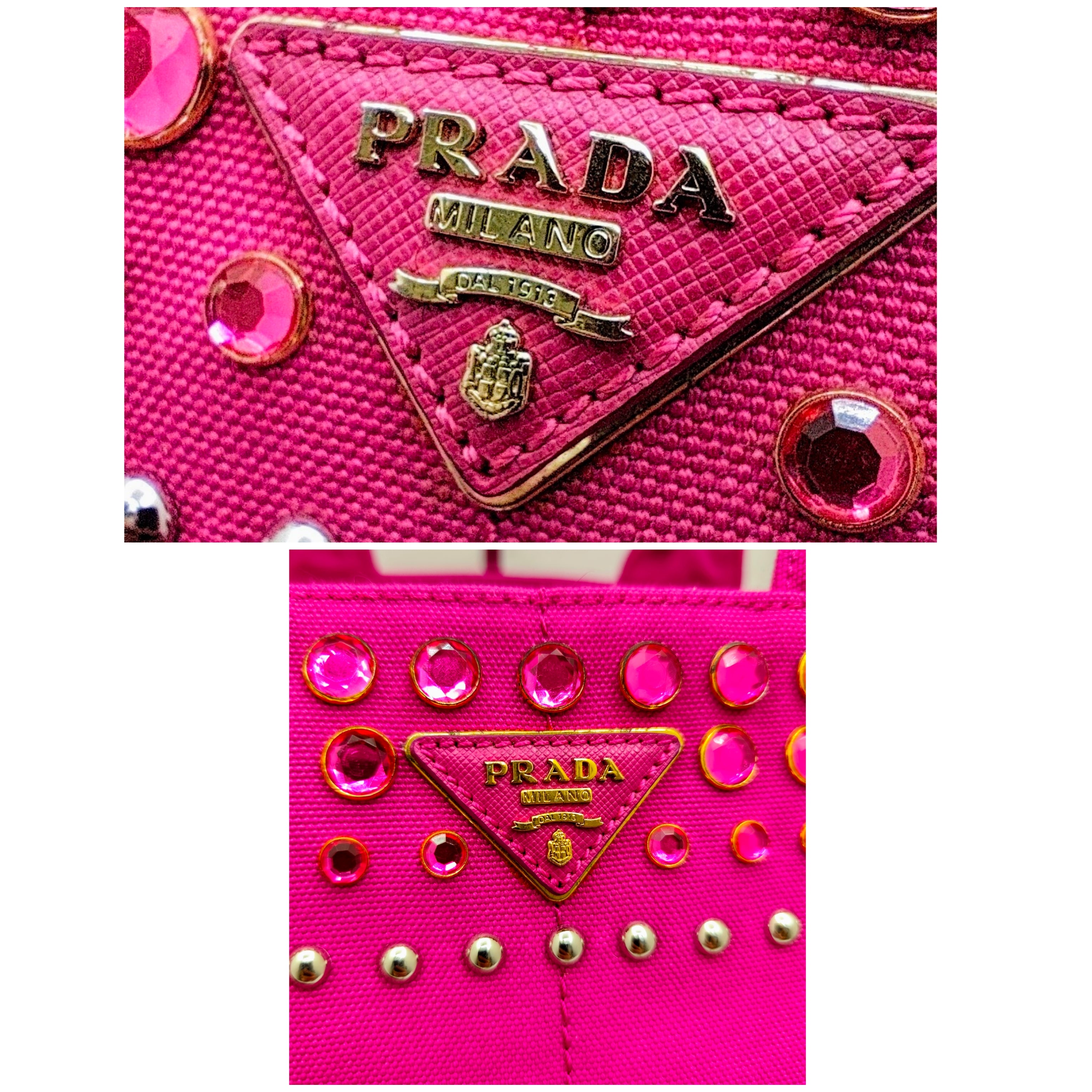 Prada – Tote Bag Shopping Canapa Tela Denim Rosa con Zirconi