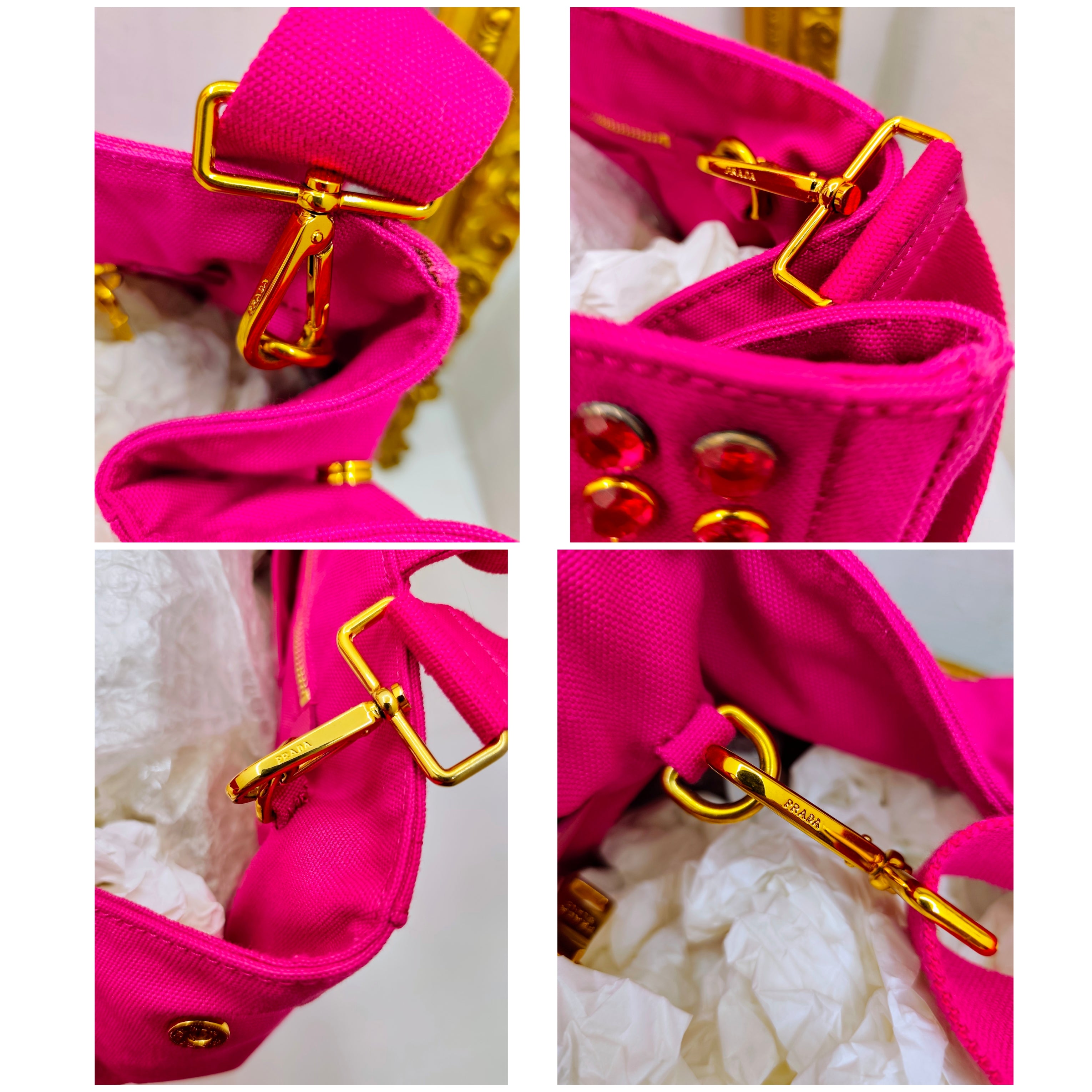 Prada – Tote Bag Shopping Canapa Tela Denim Rosa con Zirconi