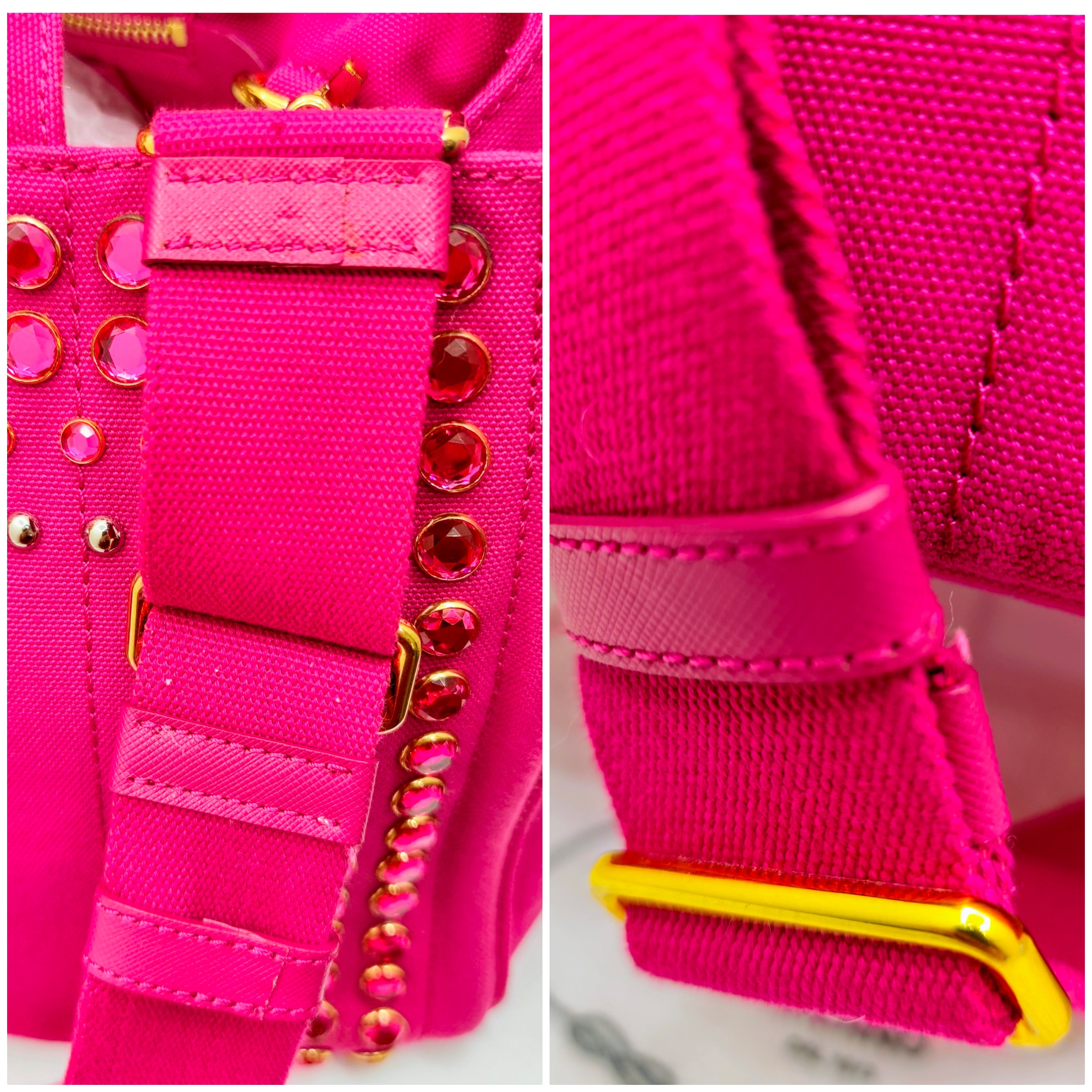 Prada – Tote Bag Shopping Canapa Tela Denim Rosa con Zirconi