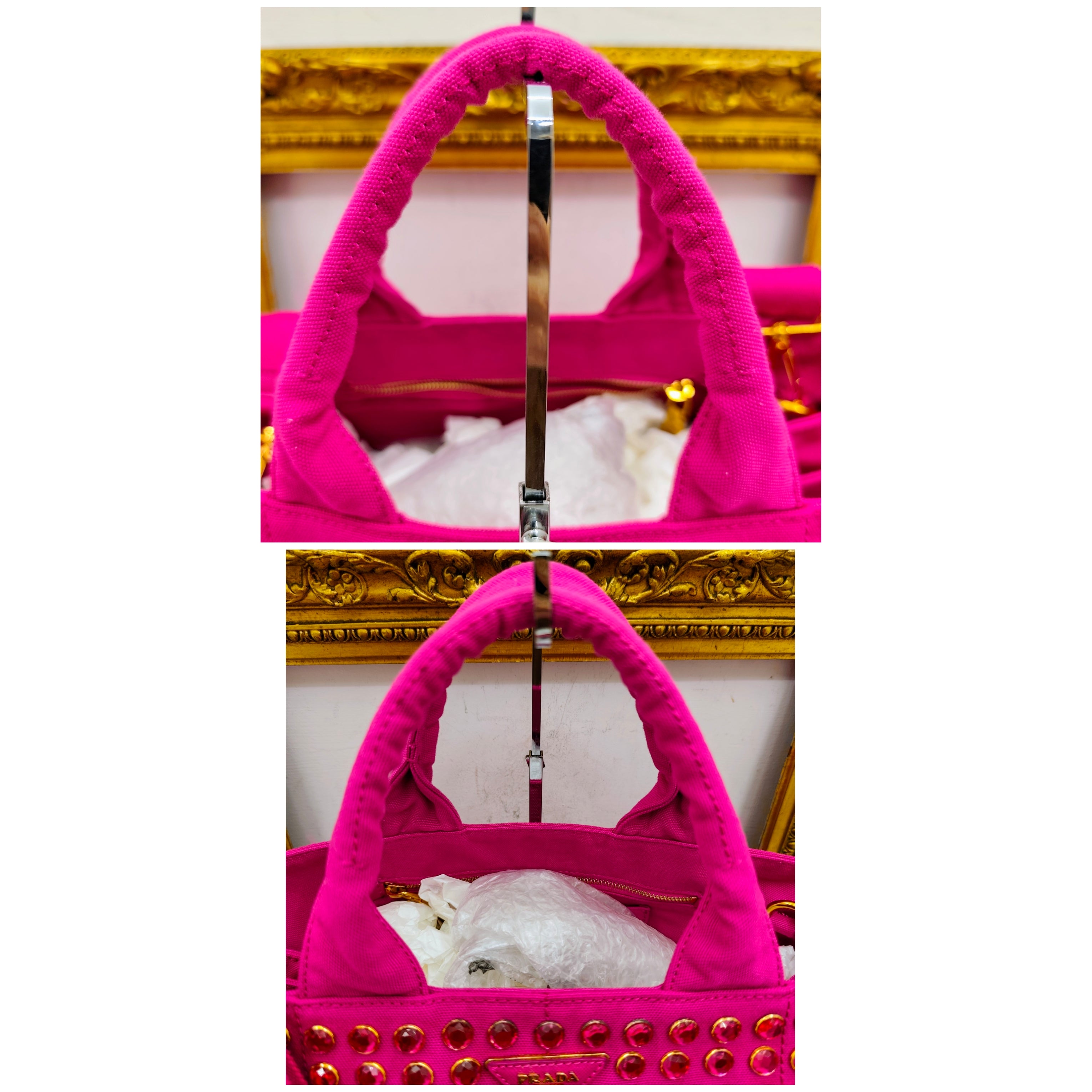 Prada – Tote Bag Shopping Canapa Tela Denim Rosa con Zirconi