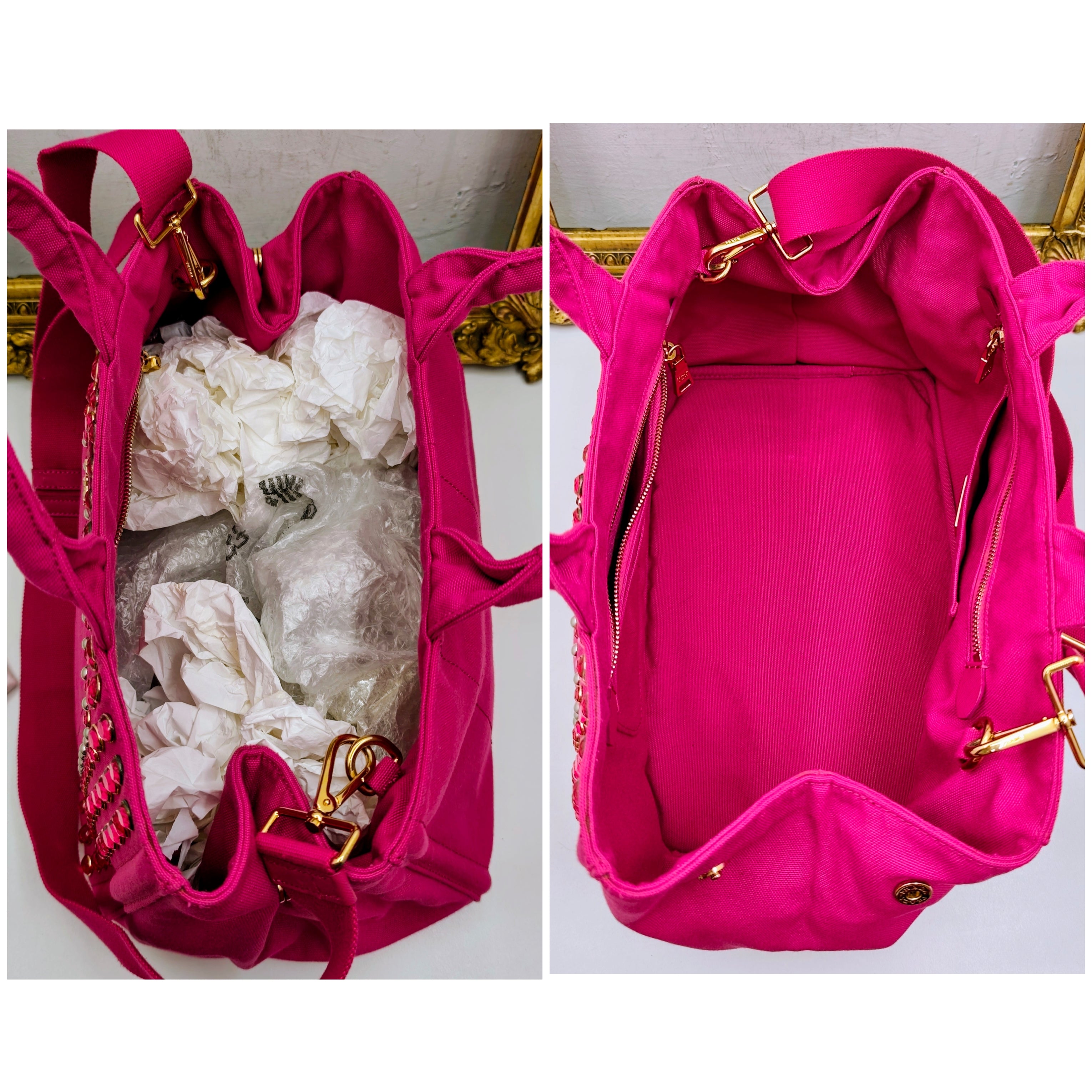Prada – Tote Bag Shopping Canapa Tela Denim Rosa con Zirconi