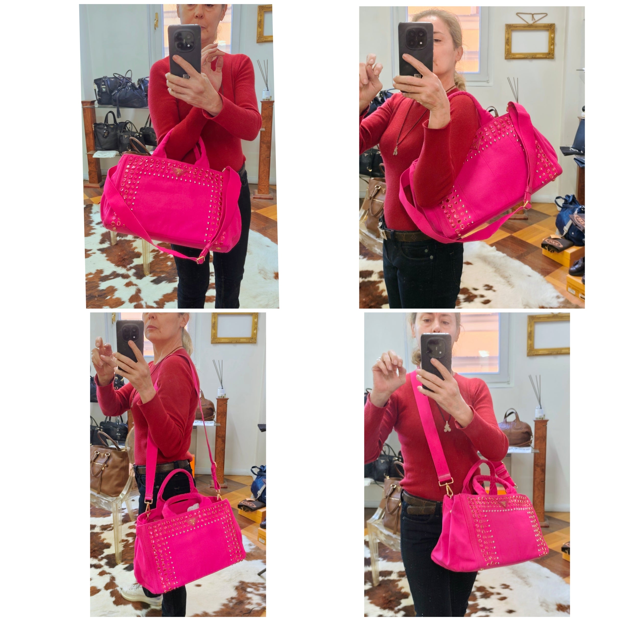 Prada – Tote Bag Shopping Canapa Tela Denim Rosa con Zirconi