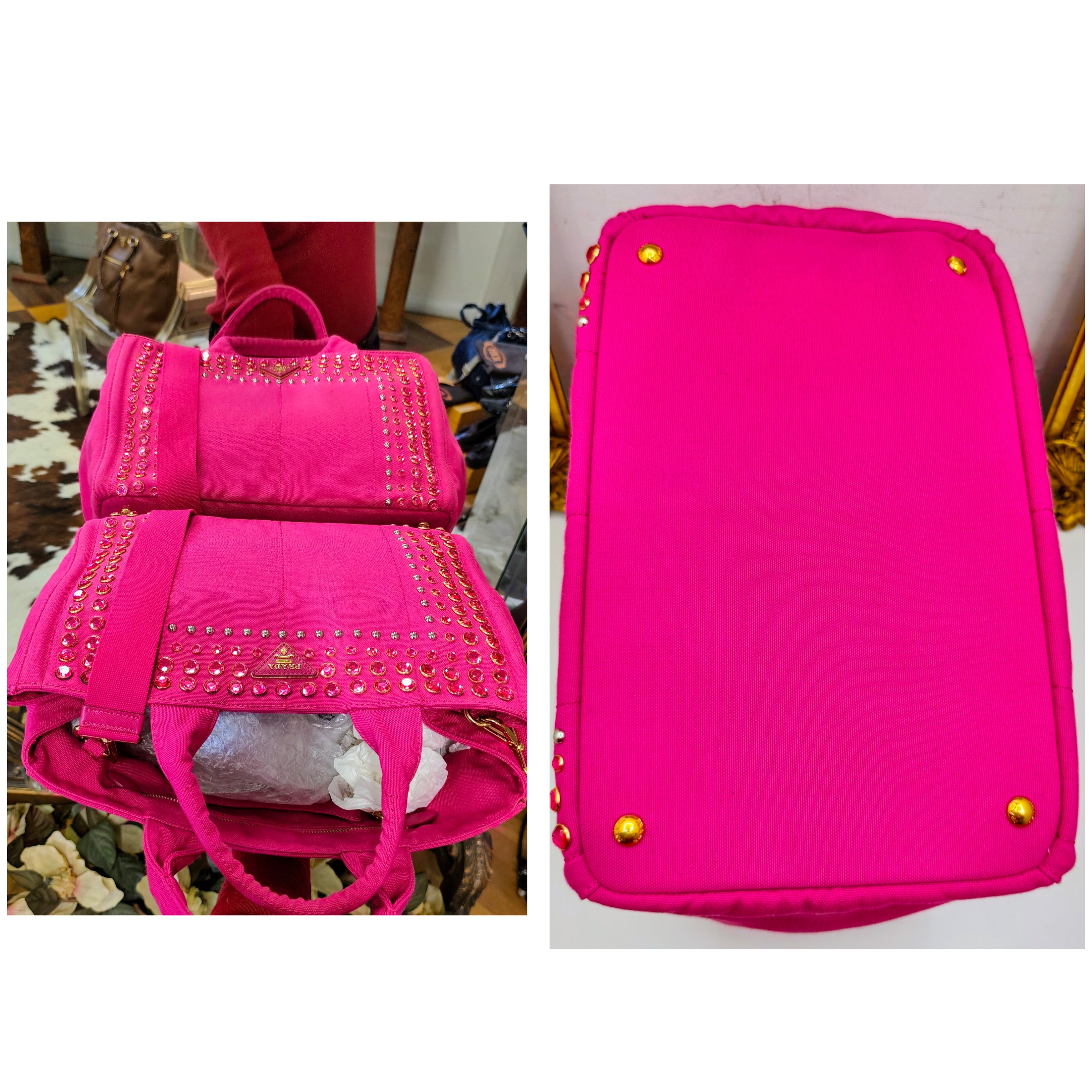 Prada – Tote Bag Shopping Canapa Tela Denim Rosa con Zirconi