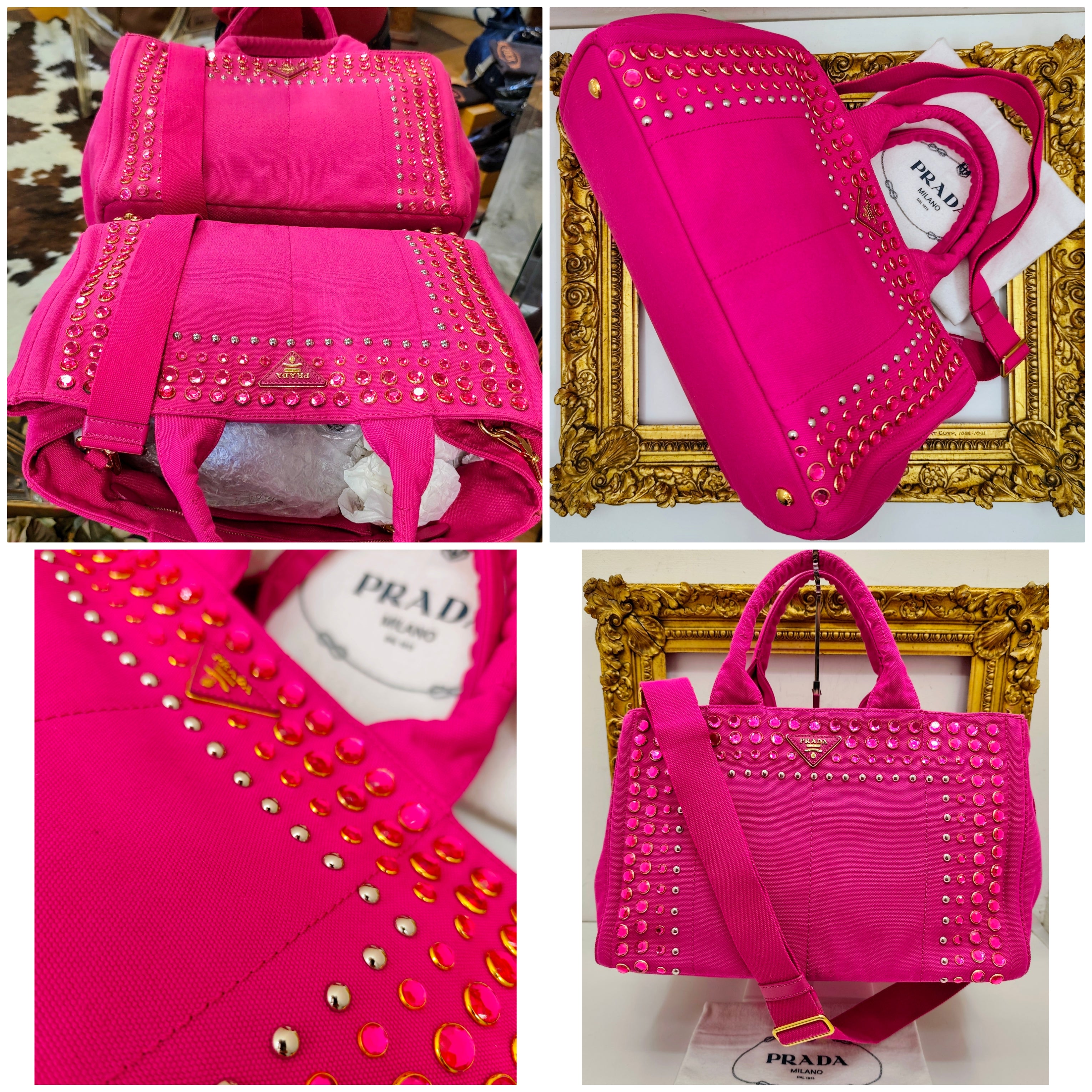 Prada – Tote Bag Shopping Canapa Tela Denim Rosa con Zirconi